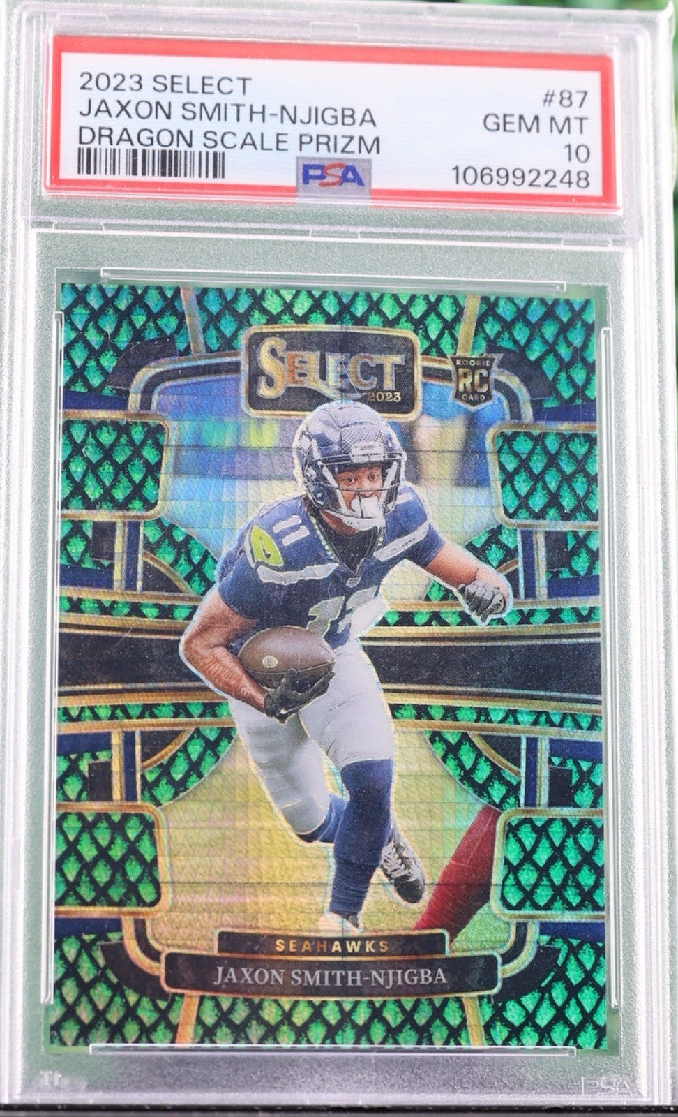 JAXON SMITH-NJIGBA 2023 SELECT DRAGON SCALE PRIZM RC /70 PSA 10 SSP SEAHAWKS