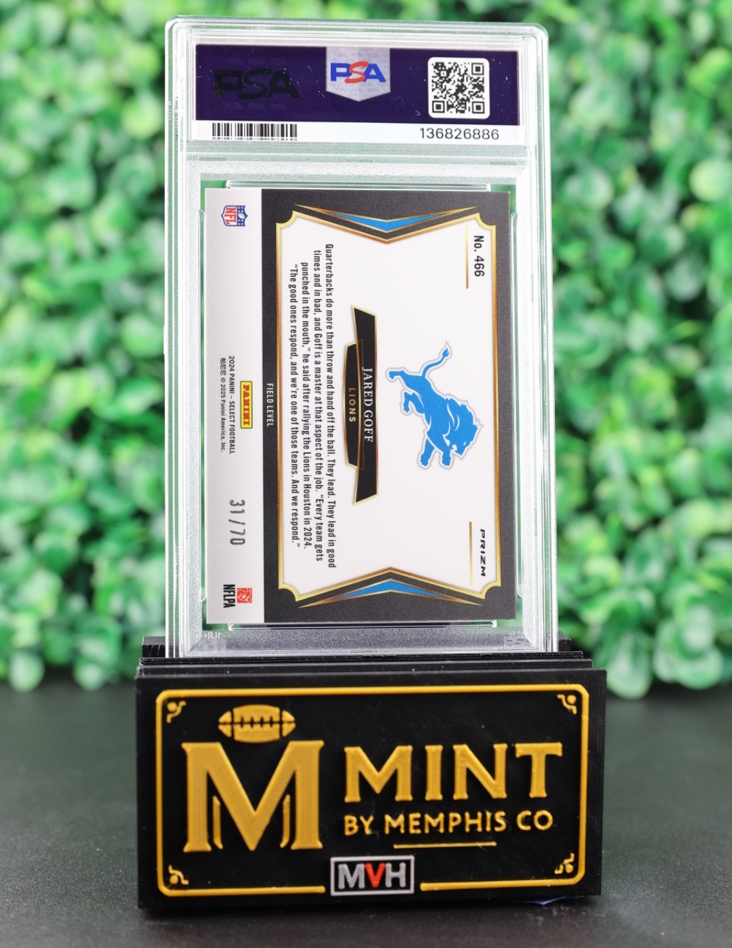 JARED GOFF 2024 SELECT FIELD LEVEL #466 DRAGON SCALE PRIZM /70 LIONS PSA 9