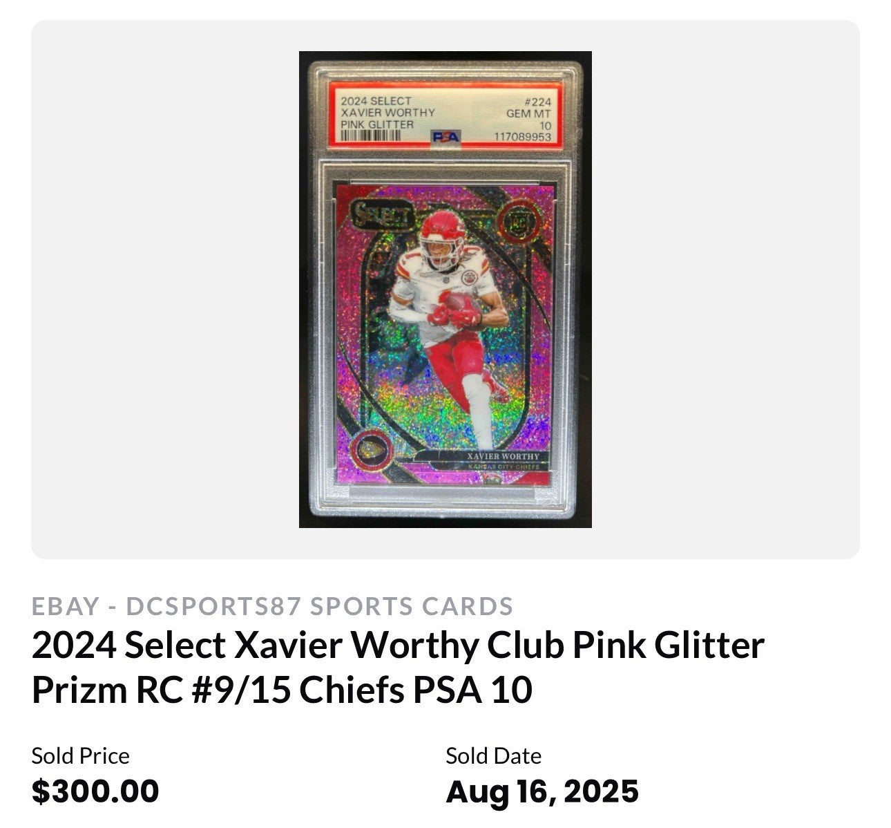 Xavier Worthy 2024 Select Club Pink Glitter Prizm RC SSP Case Hit PSA 8.5 Chiefs