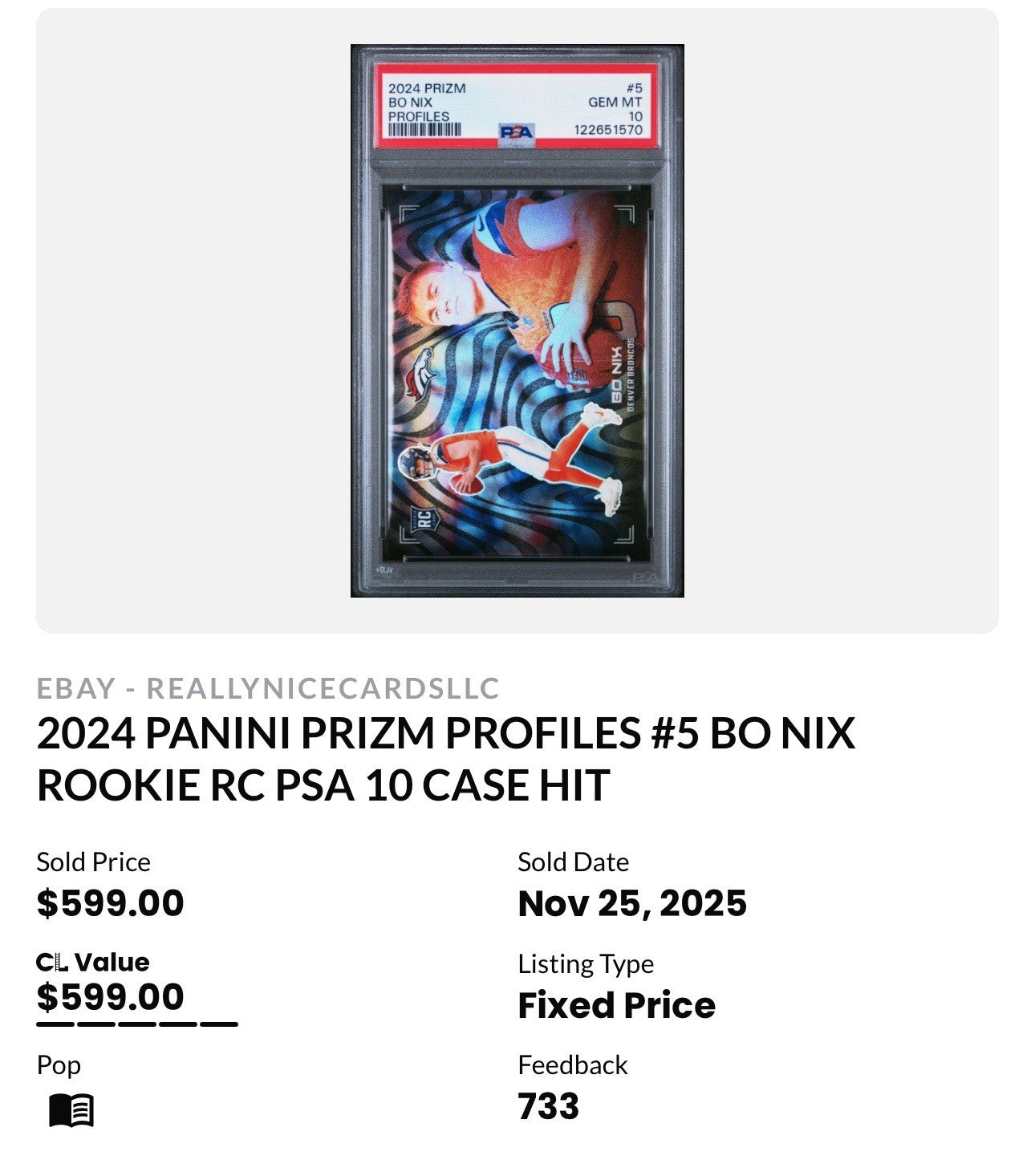 BO NIX 2024 PANINI PRIZM PROFILES #5 ROOKIE RC PSA 10 CASE HIT SSP BRONCOS