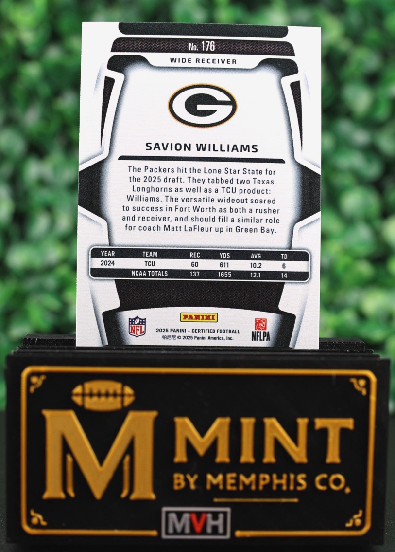 SAVION WILLIAMS 2025 PANINI CERTIFIED MIRROR SILVER FOTL /13 RC SSP PACKERS