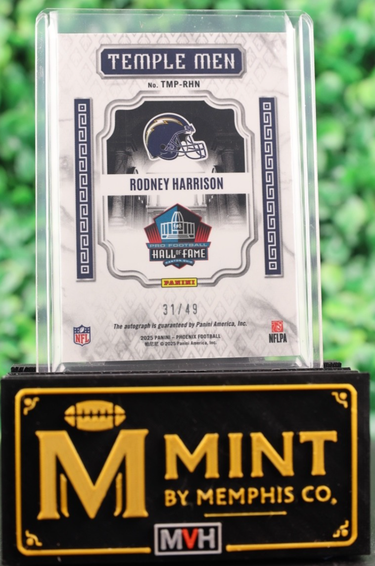 RODNEY HARRISON 2025 PHOENIX TEMPLE MEN SILVER AUTO /49 TMP-RHN HOF CHARGERS SSP