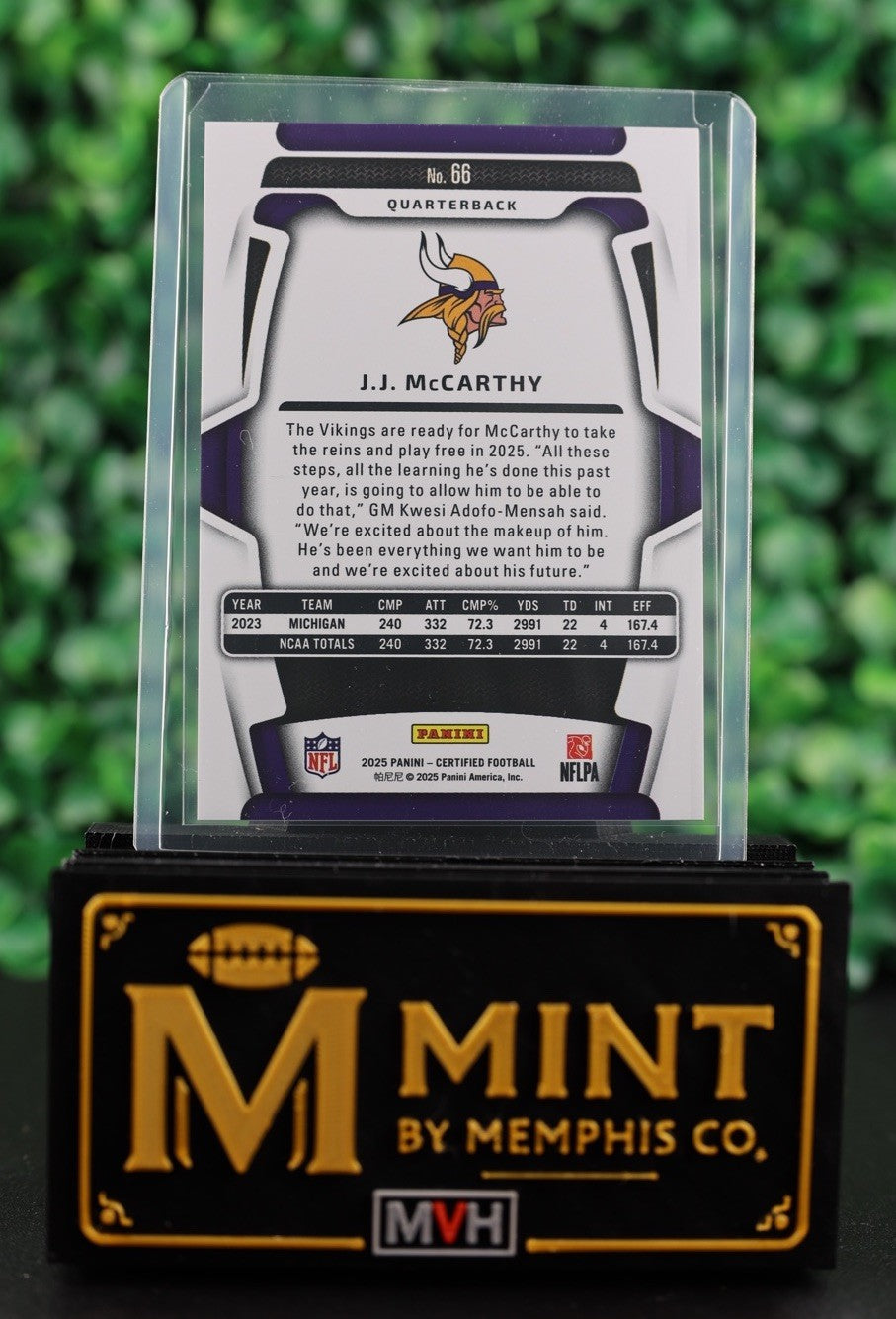JJ MCCARTHY 2025 PANINI CERTIFIED MIRROR PINK /225 MINNESOTA VIKINGS