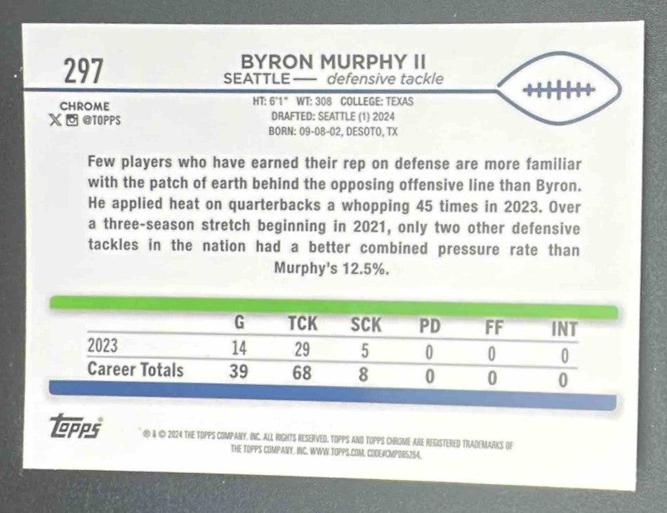 BYRON MURPHY II 2024 TOPPS CHROME #297 X-FRACTOR RC SEAHAWKS
