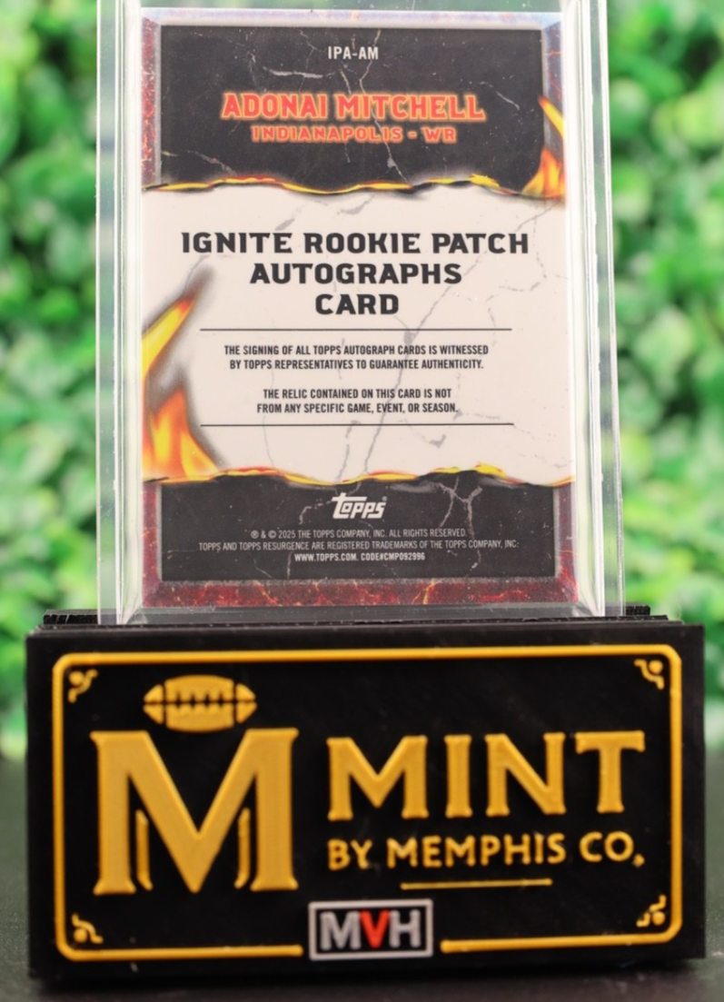 ADONAI MITCHELL 2024 TOPPS RESURGENCE IGNITE RC PATCH AUTO BLUE /99 PLAYER WORN