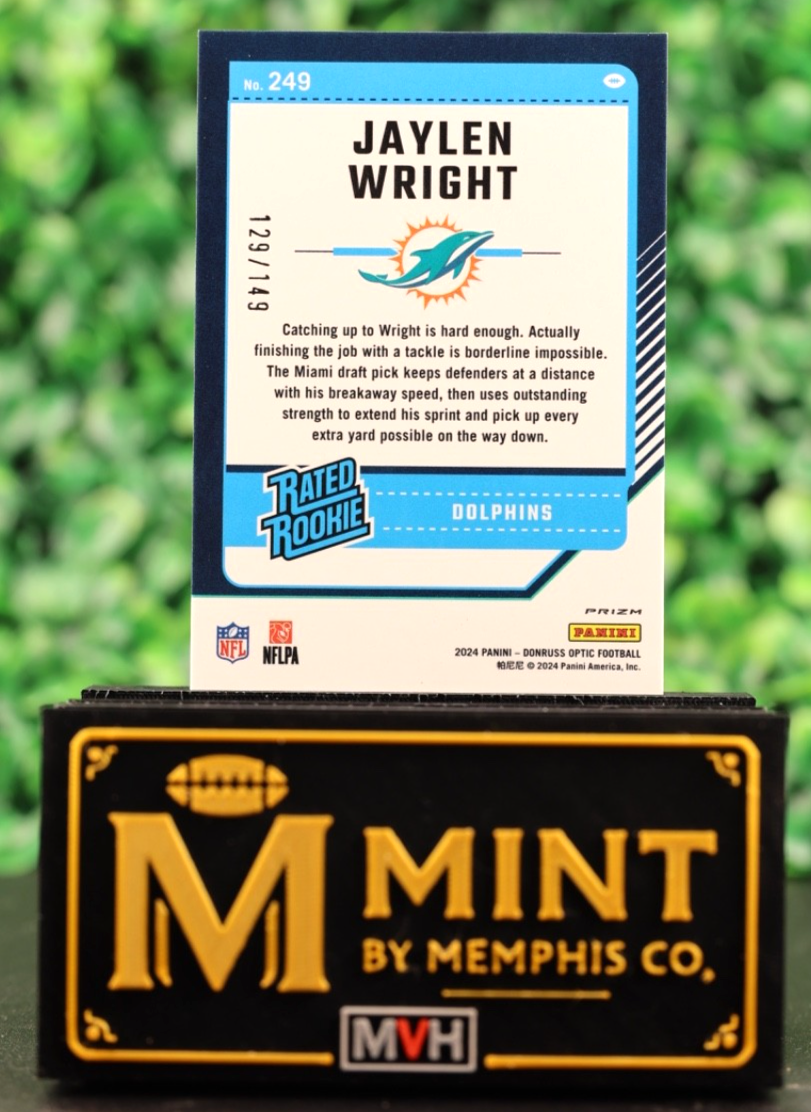 JAYLEN WRIGHT 2024 DONRUSS OPTIC RATED ROOKIE FLEX EMOJI SP RC /149 DOLPHINS