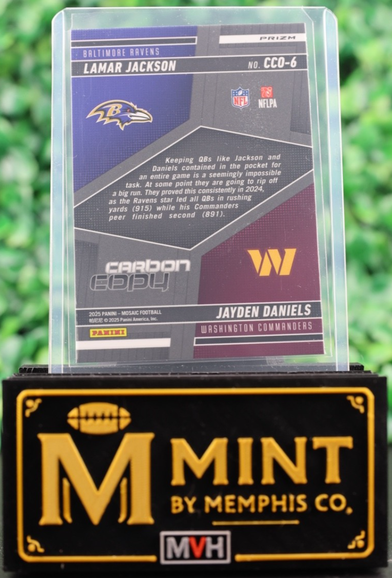 LAMAR JACKSON JAYDEN DANIELS 2025 PANINI MOSAIC CARBON COPY SILVER PRIZM
