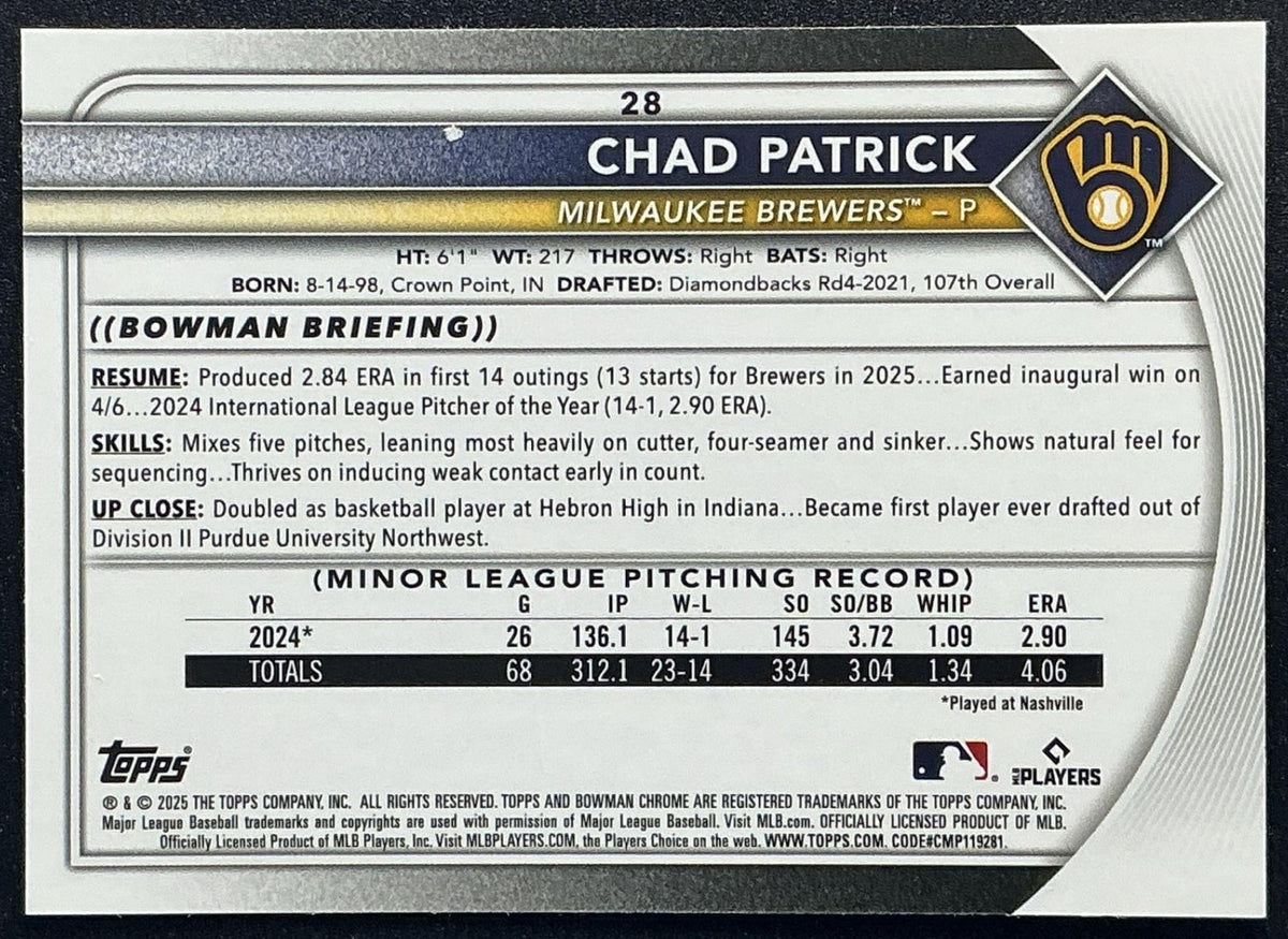 CHAD PATRICK 2025 BOWMAN CHROME #28 RED RC VARIATION BREWERS