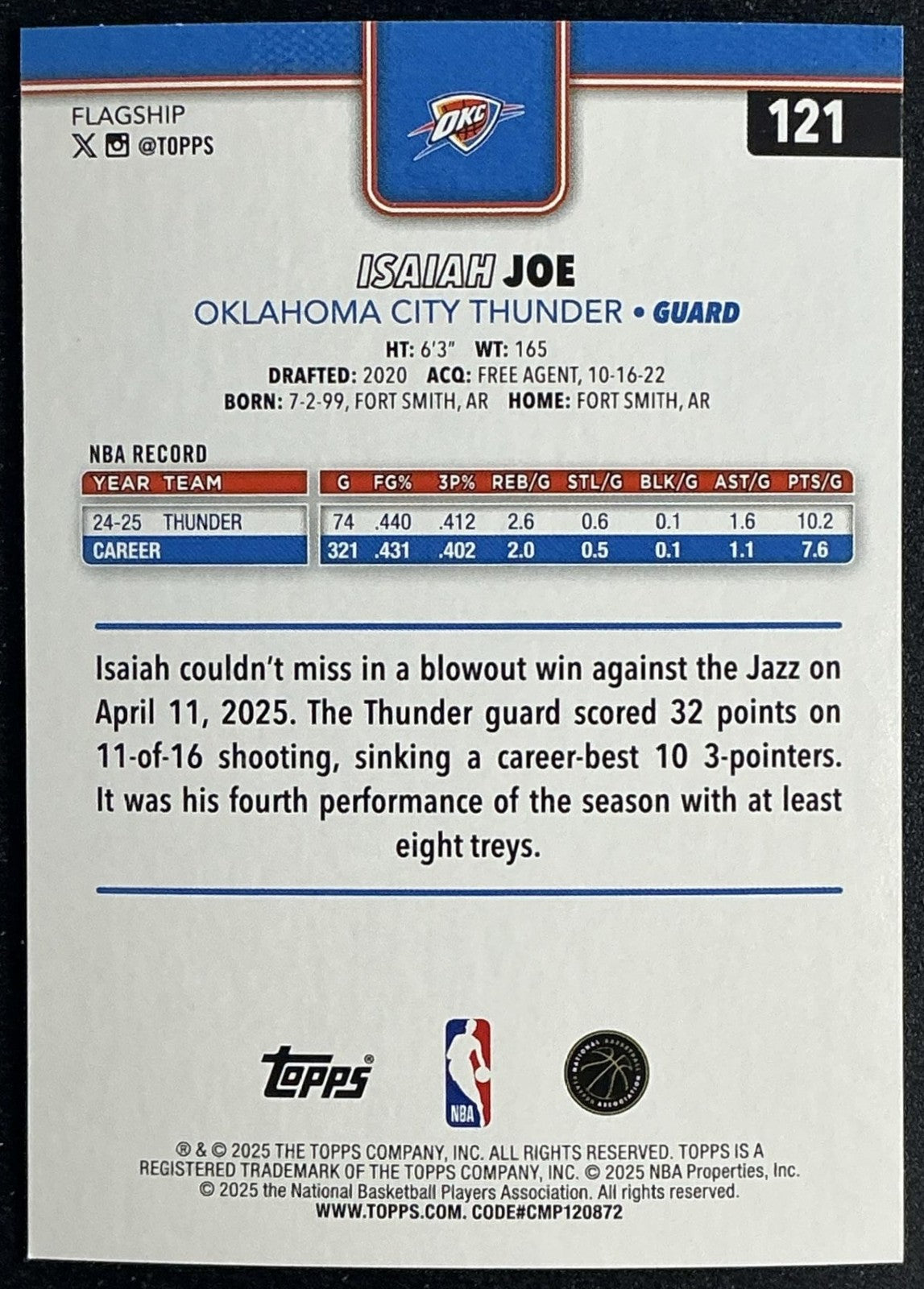 ISAIAH JOE 2025-26 TOPPS #121 RAINBOW FOIL THUNDER