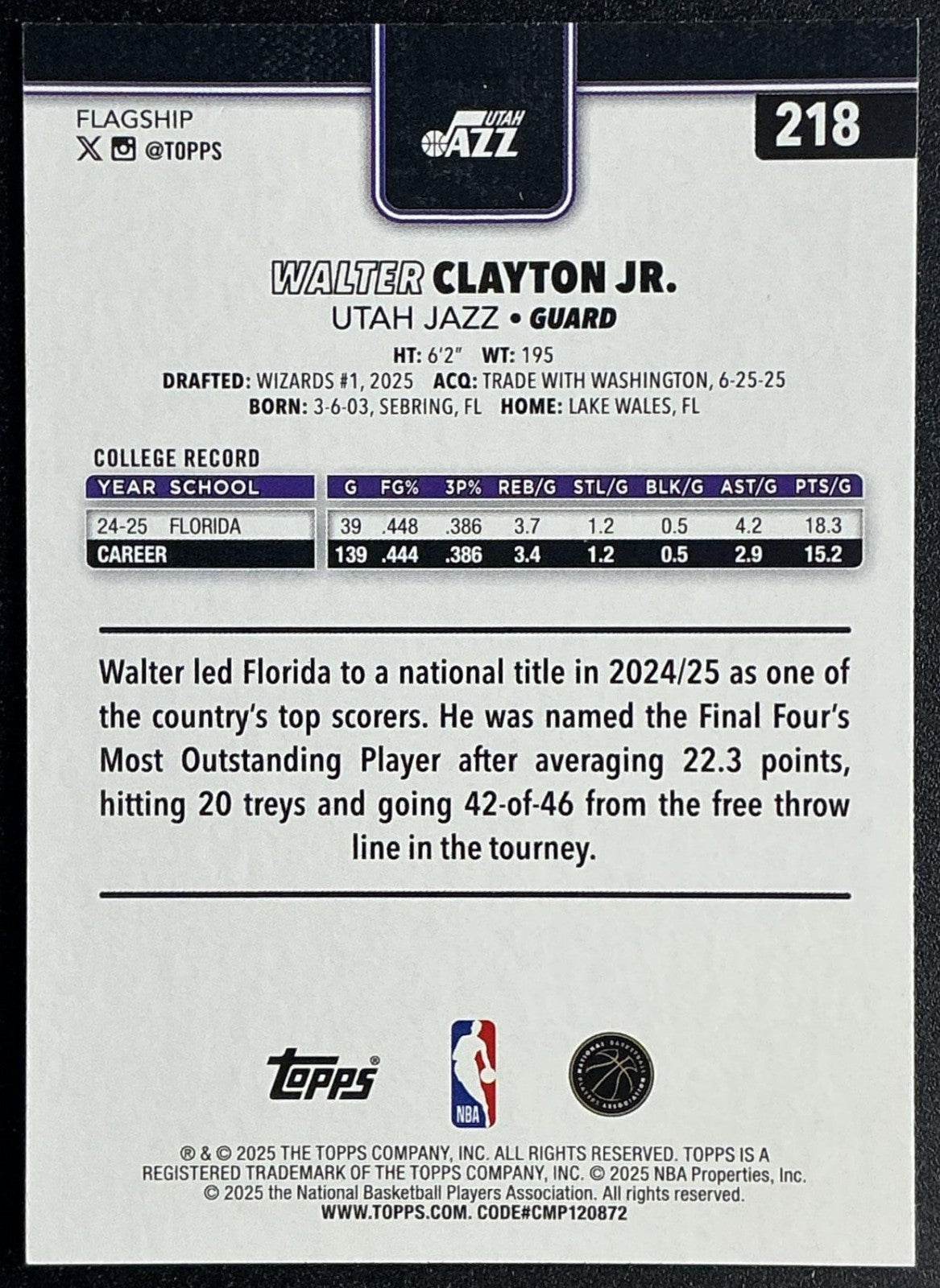 WALTER CLAYTON JR. 2025-26 TOPPS #218 RC JAZZ
