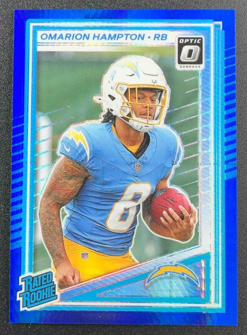 2025 Panini Donruss Optic Omarion Hampton #212 Rated Rookie Blue Hyper Prizm