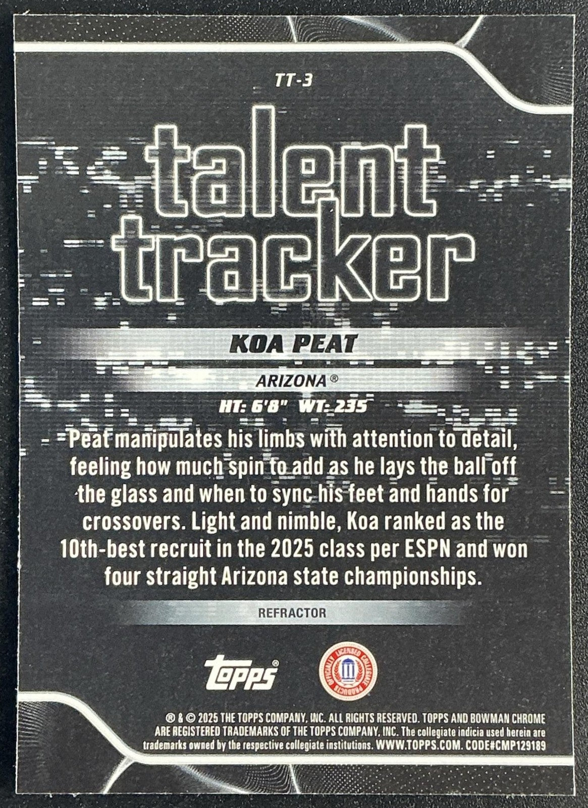 KOA PEAT 2025-26 BOWMAN #TT-3 TALENT TRACKER CHROME REFRACTOR WILDCATS