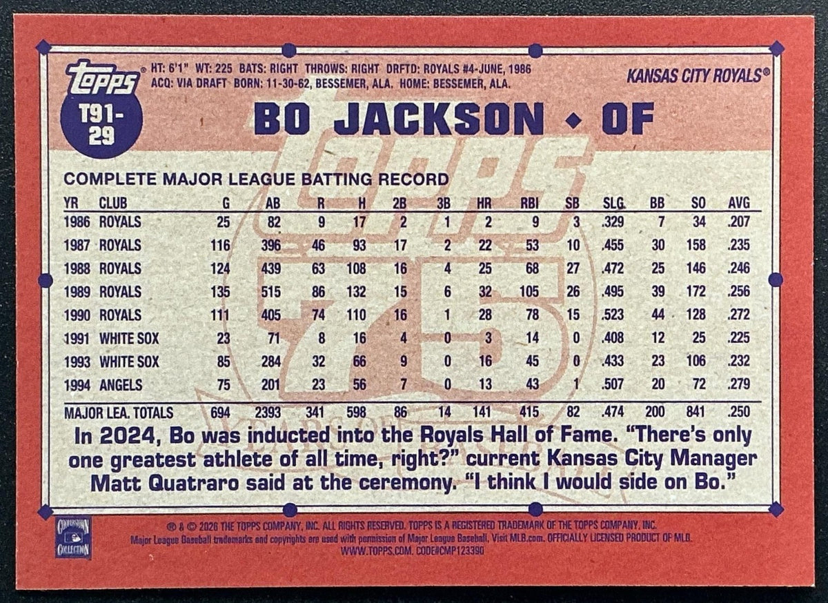 BO JACKSON 2026 TOPPS SERIES 1 #T91-29 1991 ROYALS