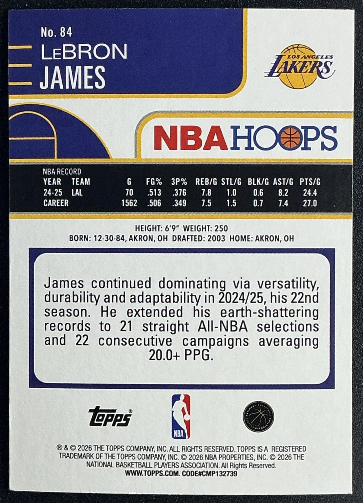 LEBRON JAMES 2025-26 TOPPS HOOPS #84 LAKERS