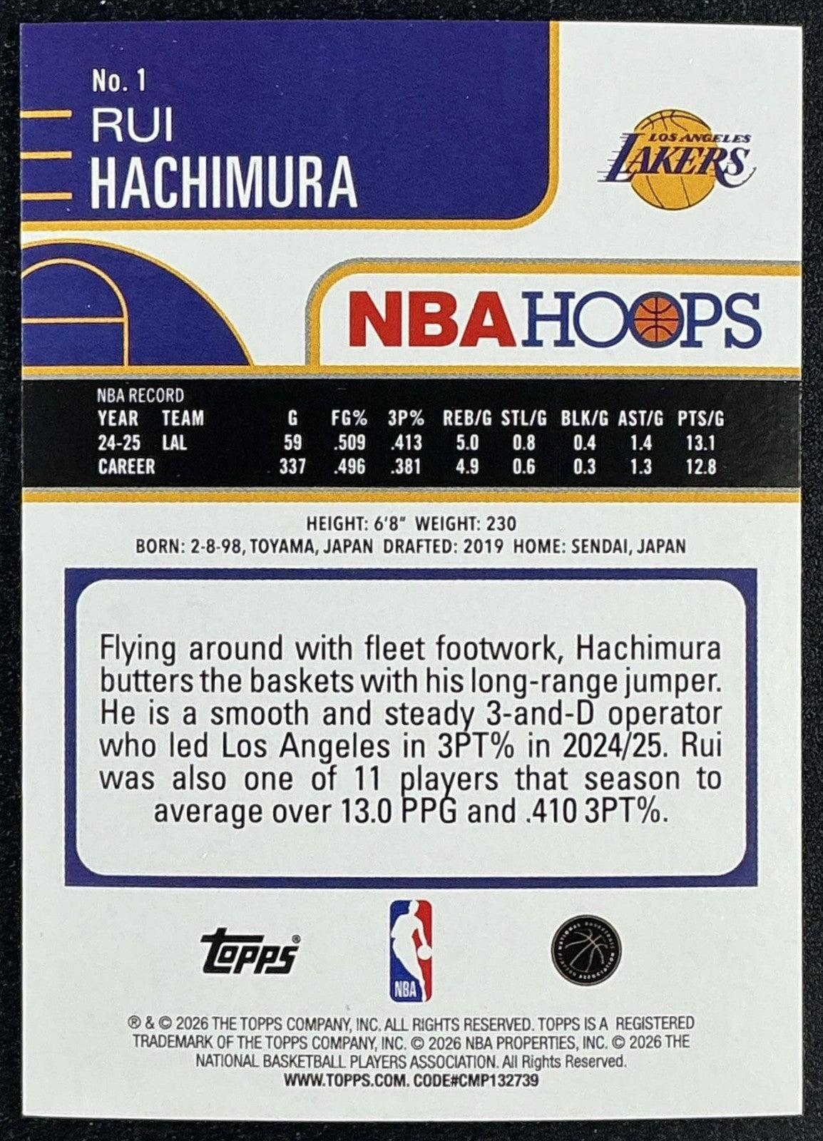 RUI HACHIMURA 2025-26 TOPPS HOOPS #1 RAINBOW GREEN AND BLUE FOIL 199/249 LAKERS
