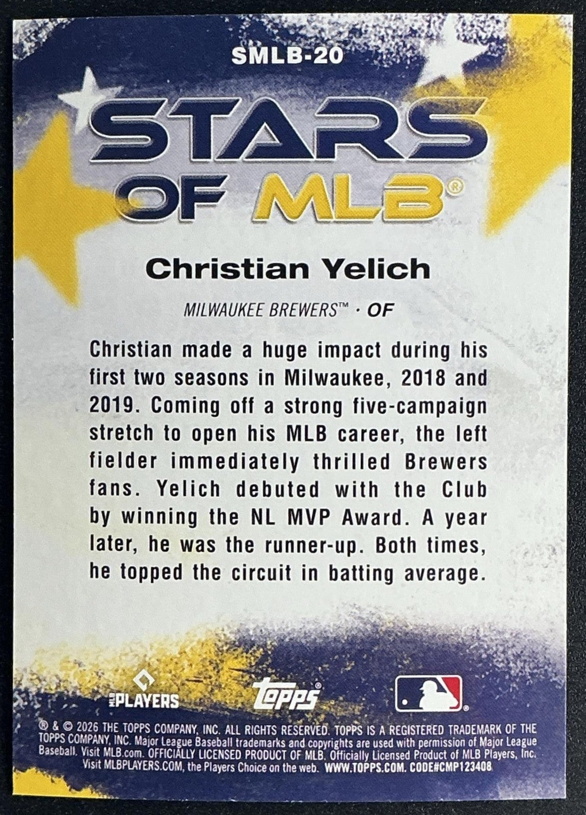 CHRISTIAN YELICH 2026 TOPPS SERIES 1 #SMLB-20 STARS OF MLB BREWERS