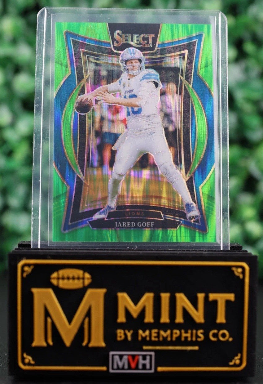JARED GOFF 2024 PANINI SELECT NEON GREEN PRIZM SHOCK /599 DETROIT LIONS
