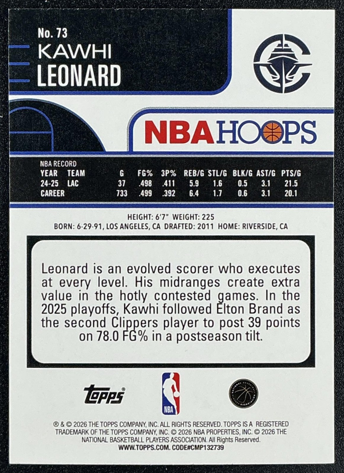 KAWHI LEONARD 2025-26 TOPPS HOOPS #73 LIGHT BURST PURPLE 1/99 CLIPPERS
