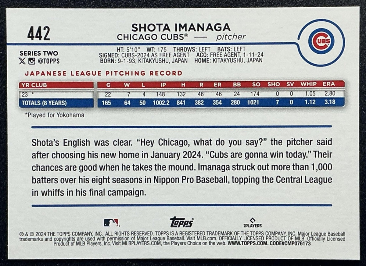 SHOTA IMANAGA 2024 TOPPS #442 ROYAL BLUE RC CUBS