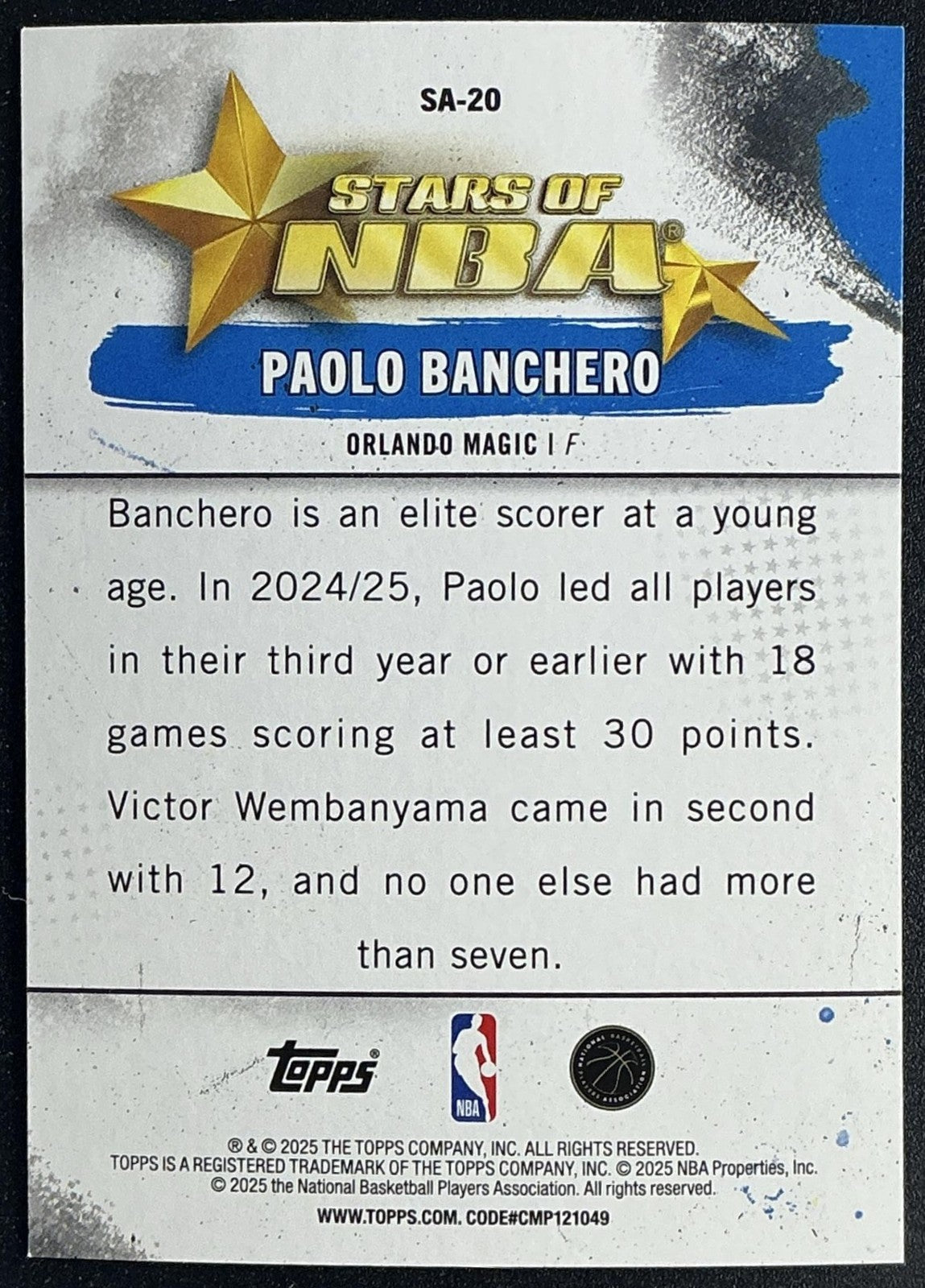 PAOLO BANCHERO 2025-26 TOPPS #SA-20 STARS OF THE NBA MAGIC