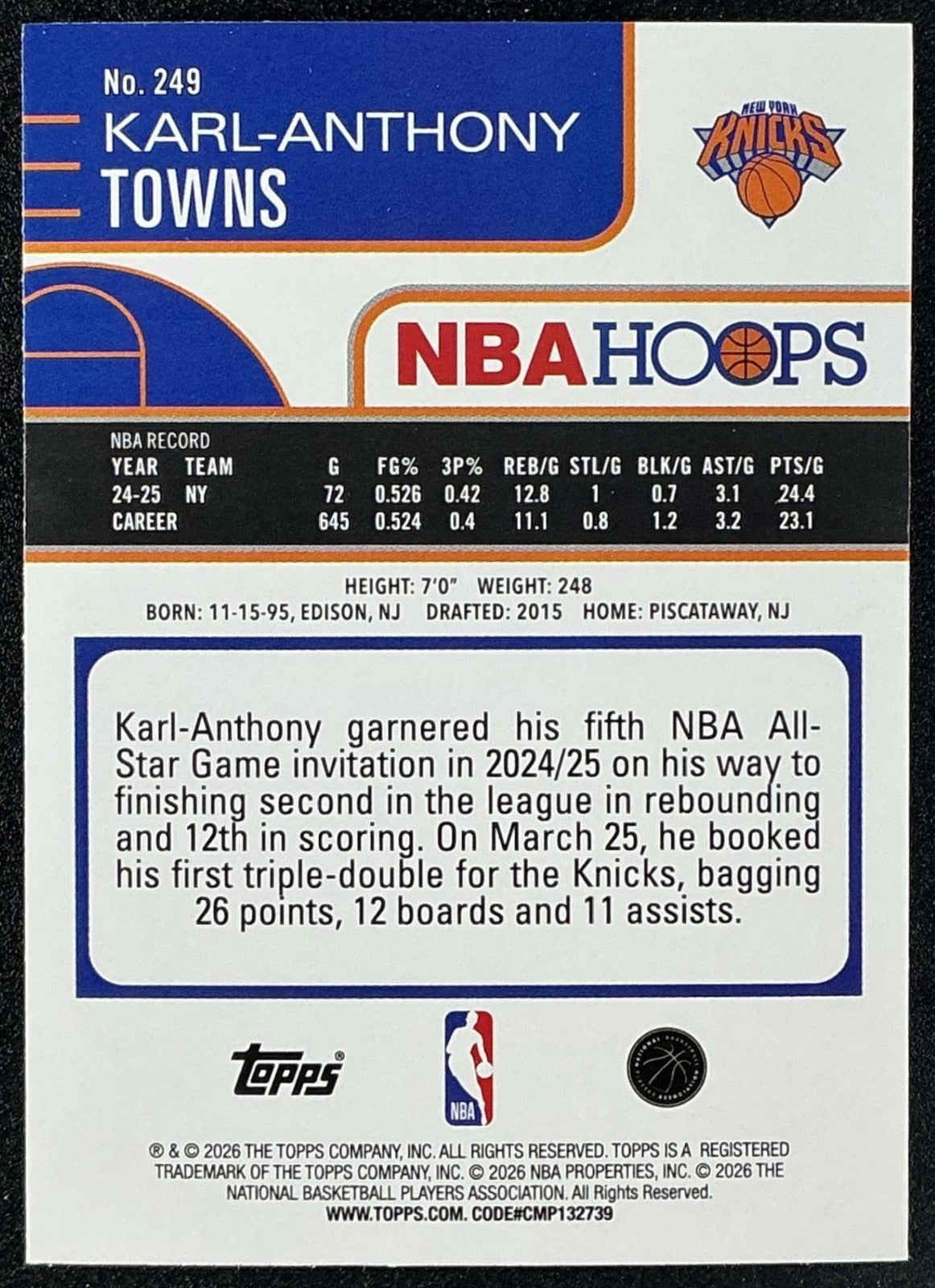 KARL-ANTHONY TOWNS 2025-26 TOPPS HOOPS #249 KNICKS