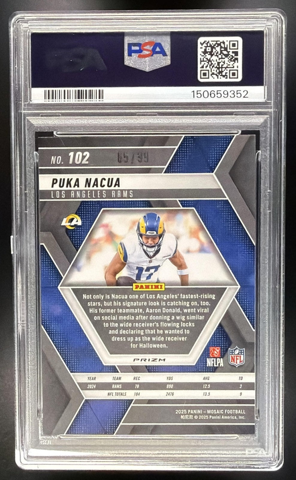 PUKA NACUA 2025 PANINI MOSAIC #102 NO HUDDLE BLUE PRIZM 5/99 RAMS PSA 10