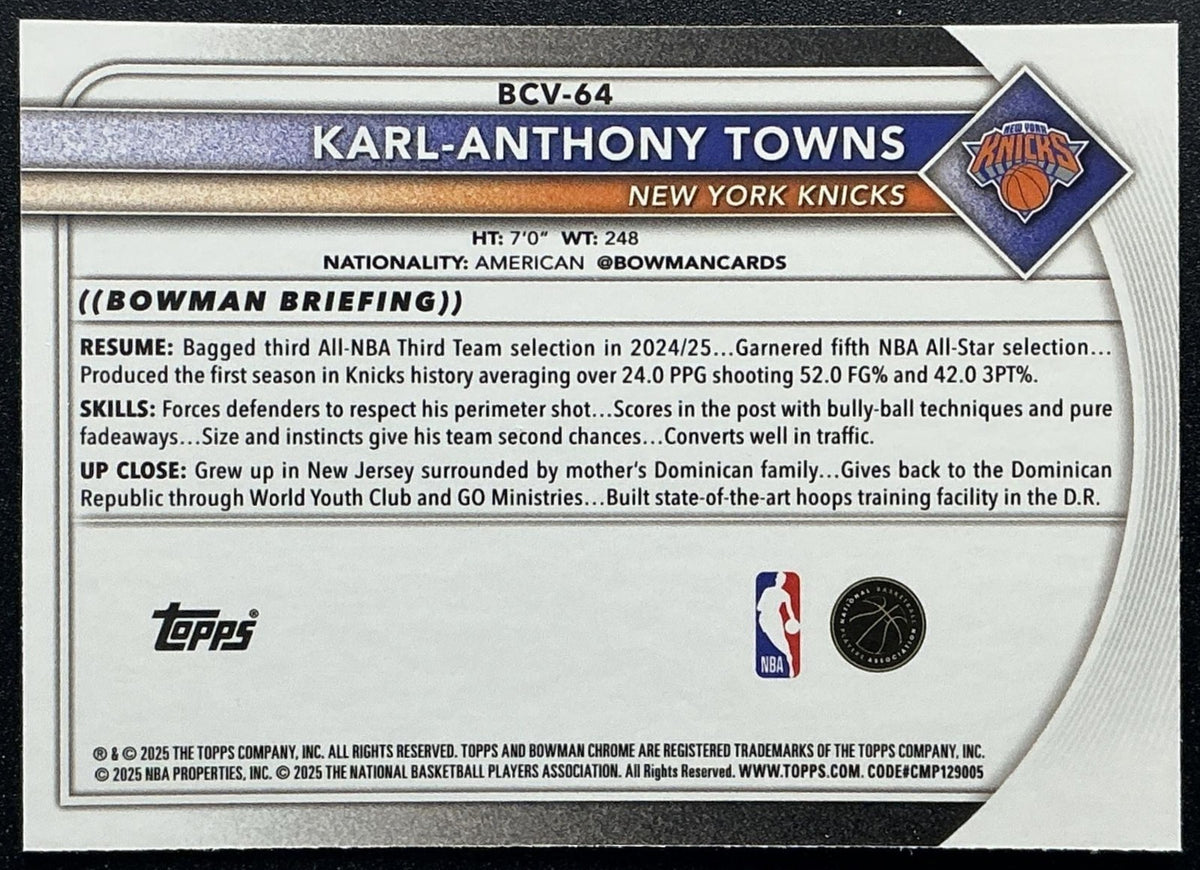 KARL-ANTHONY TOWNS 2025-26 BOWMAN #BCV-64 CHROME MOJO REFRACTOR KNICKS