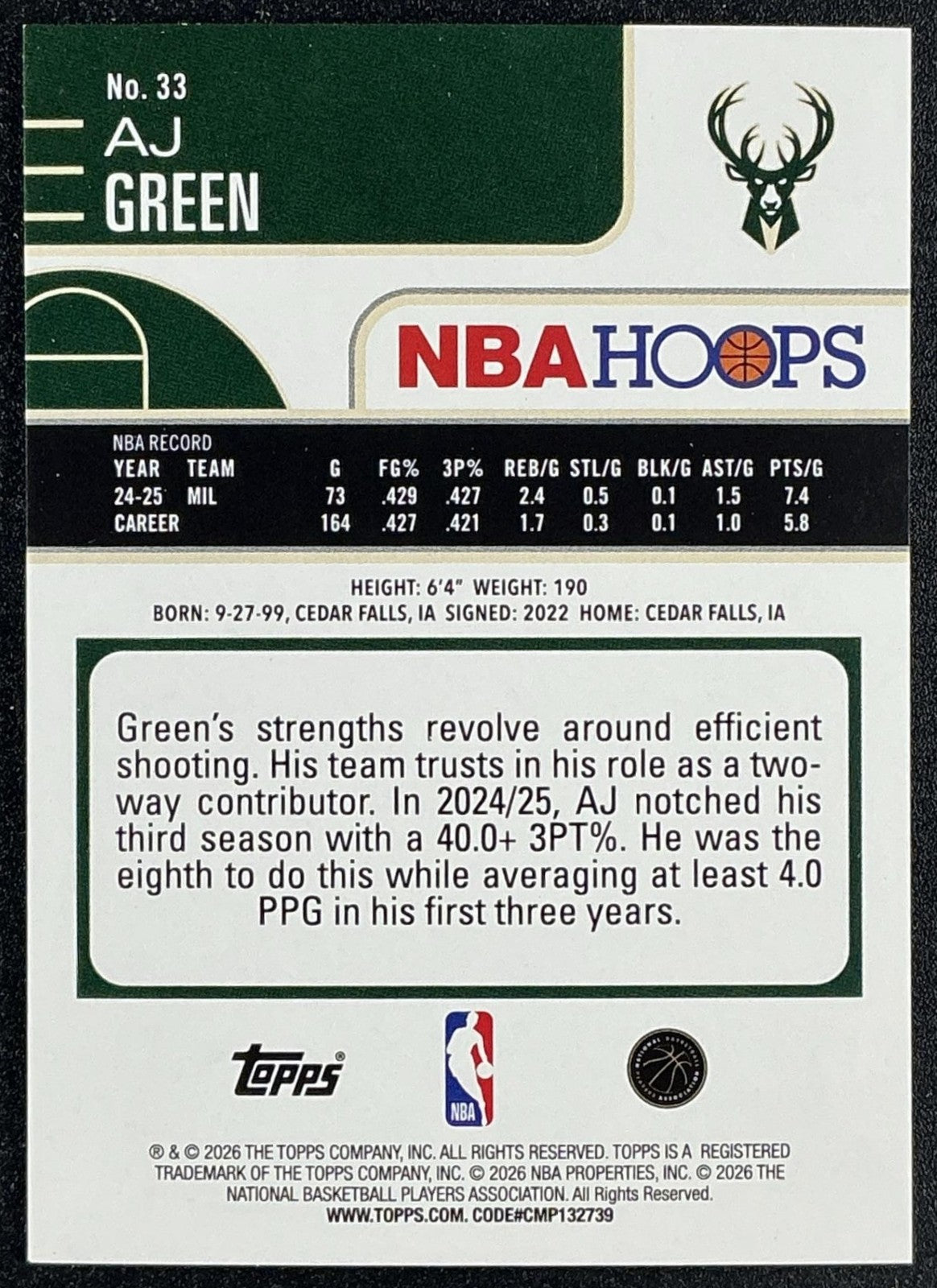 AJ GREEN 2025-26 TOPPS HOOPS #33 RAINBOW GOLD AND FOIL 82/199 BUCKS