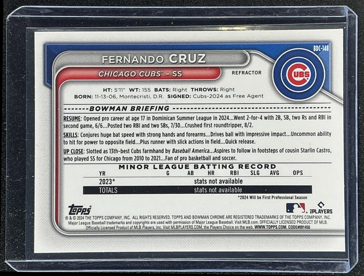 FERNANDO CRUZ 2024 BOWMAN DRAFT #BDC-148 CHROME REFRACTOR CUBS
