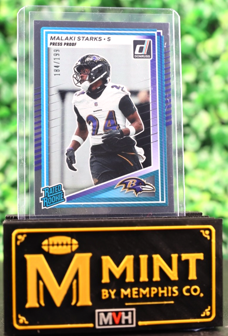MALAKI STARKS 2025 PANINI DONRUSS RATED ROOKIE PRESS PROOF /199 RAVENS