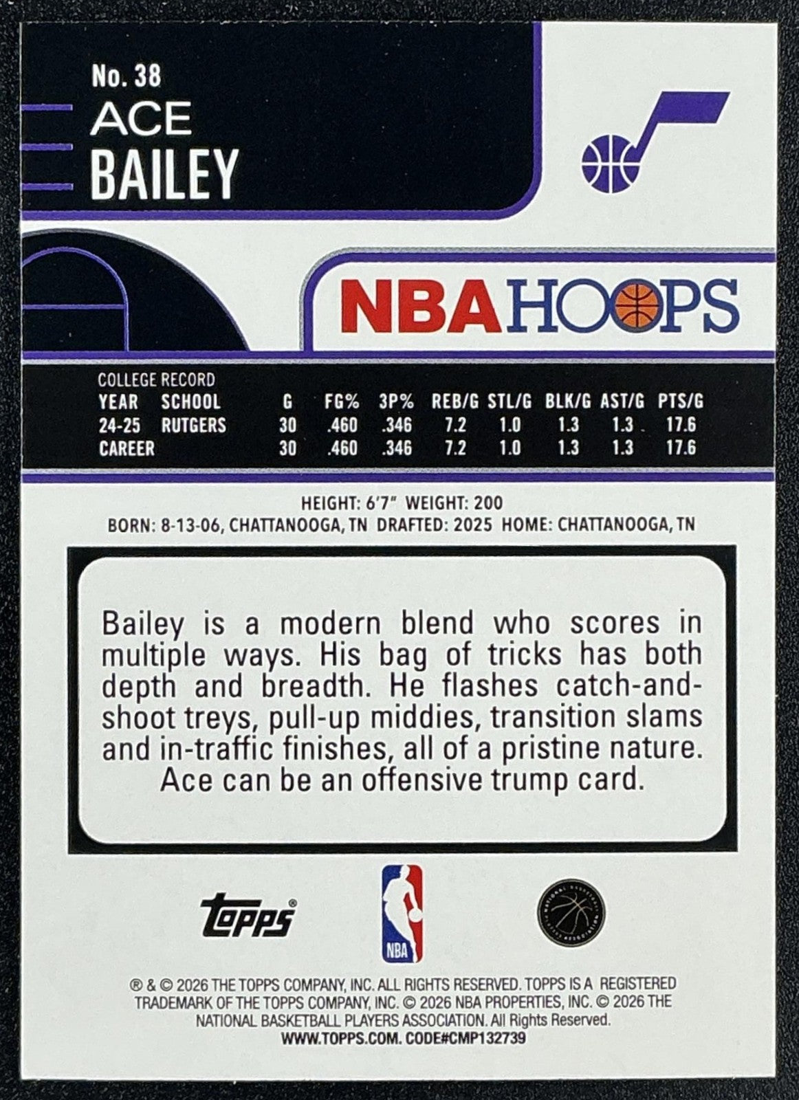 ACE BAILEY 2025-26 TOPPS HOOPS #38 RAINBOW FOIL RC JAZZ