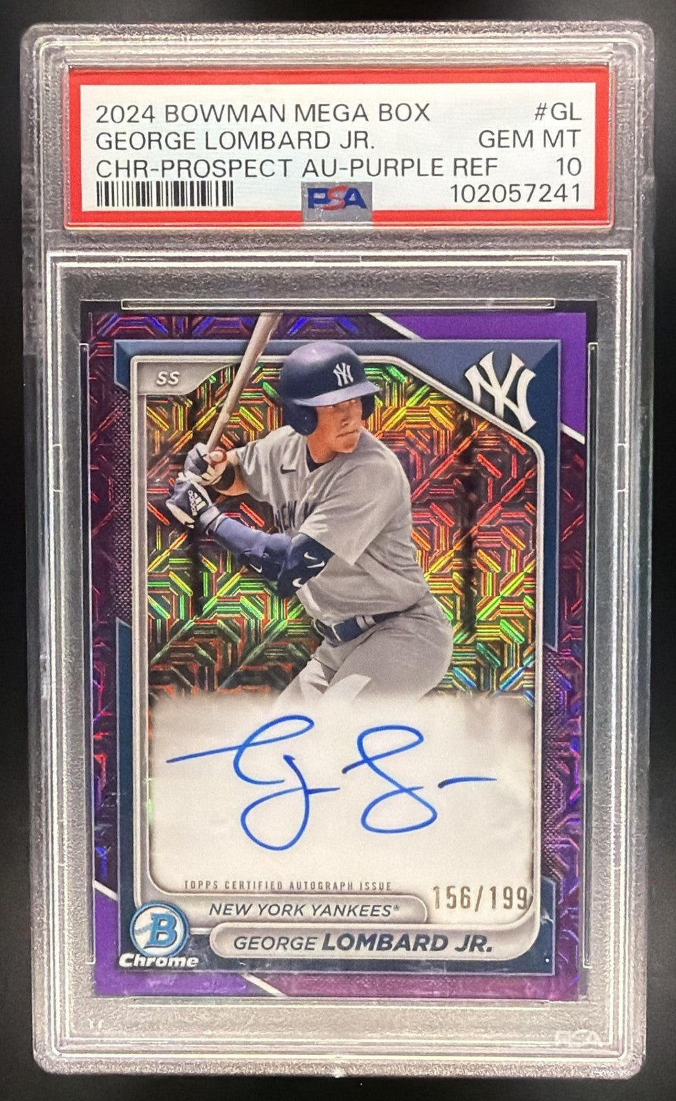 2024 BOWMAN GEORGE LOMBARD JR. PROSPECT AUTO MOJO PURPLE REFRACTOR /199 PSA 10