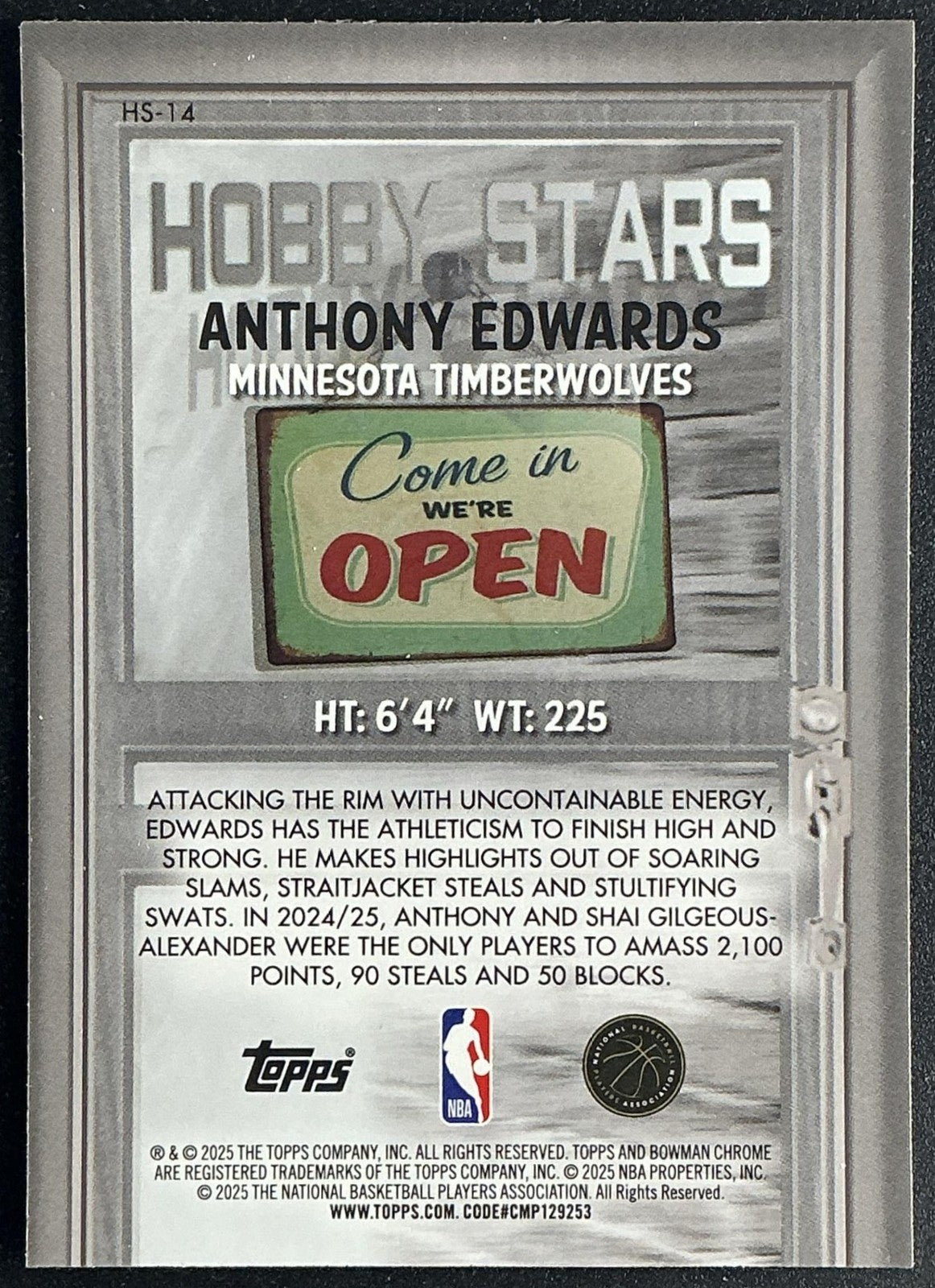 ANTHONY EDWARDS 2025-26 BOWMAN #HS-14 CHROME HOBBY STARS TIMBERWOLVES