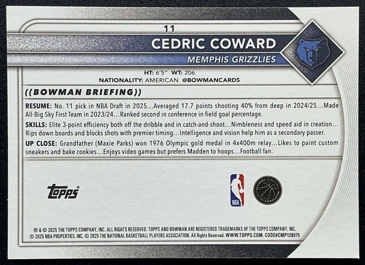 CEDRIC COWARD 2025-26 BOWMAN #11 RC GRIZZLIES
