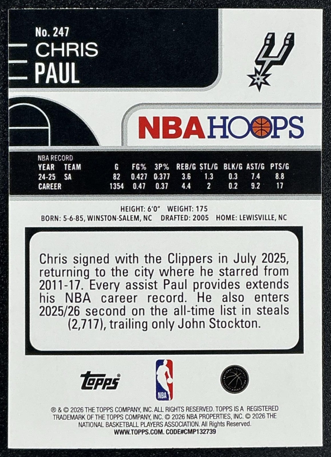 CHRIS PAUL 2025-26 TOPPS HOOPS #247 LIGHT BURST SPURS