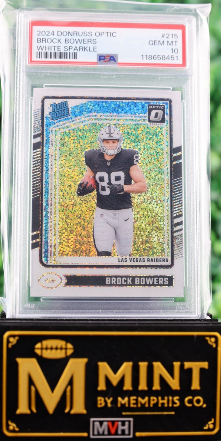 BROCK BOWERS 2024 DONRUSS OPTIC WHITE SPARKLE #215 SSP RC PSA 10 POP 5 RAIDERS