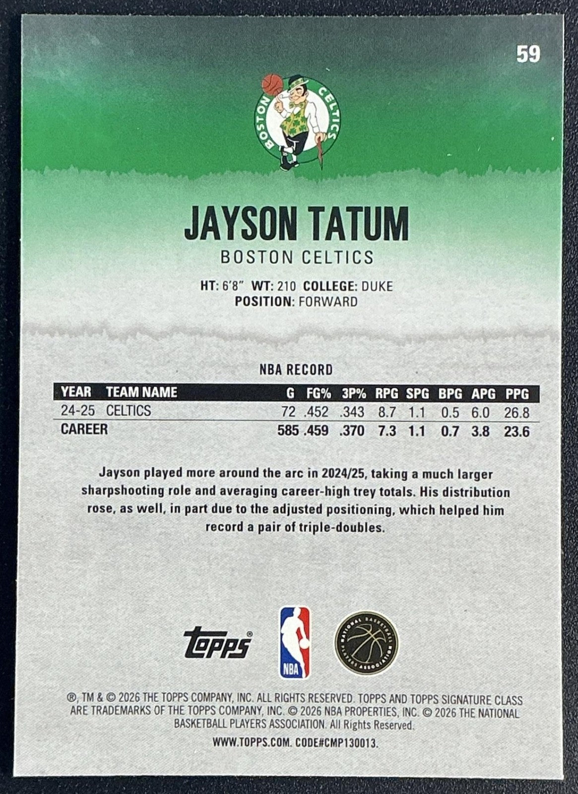JAYSON TATUM 2025-26 TOPPS SIGNATURE CLASS #59 CHROME VETERAN CELTICS