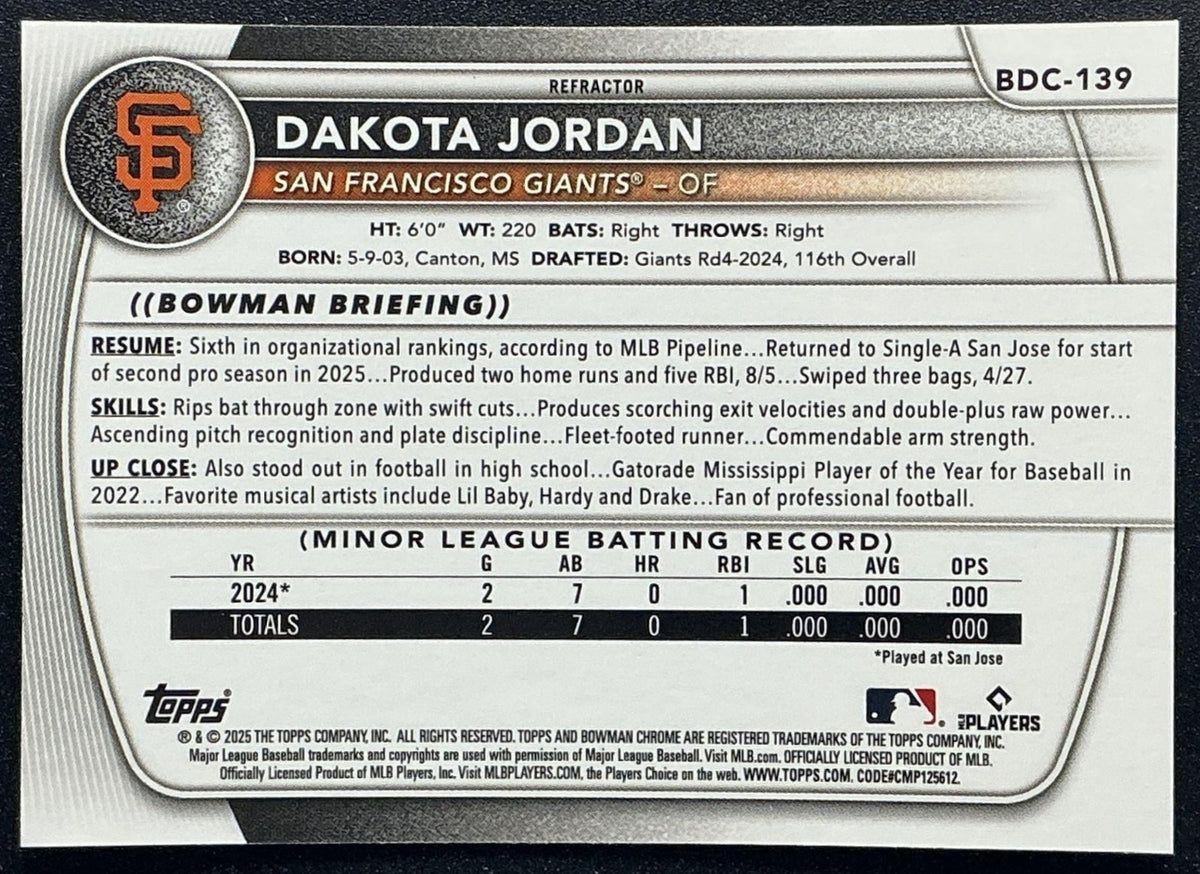 DAKOTA JORDAN 2025 BOWMAN DRAFT #BDC-139 CHROME REFRACTOR GIANTS