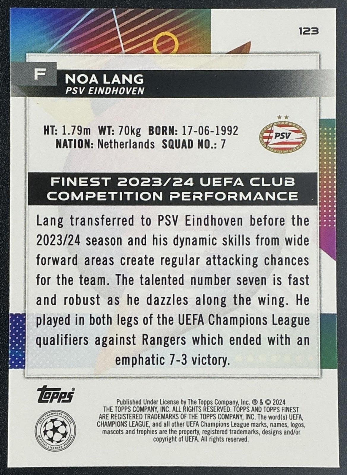 NOA LANG 2023-24 TOPPS FINEST UEFA CLUB COMPETITIONS #123 BLUE 2/150 EINDHOVEN