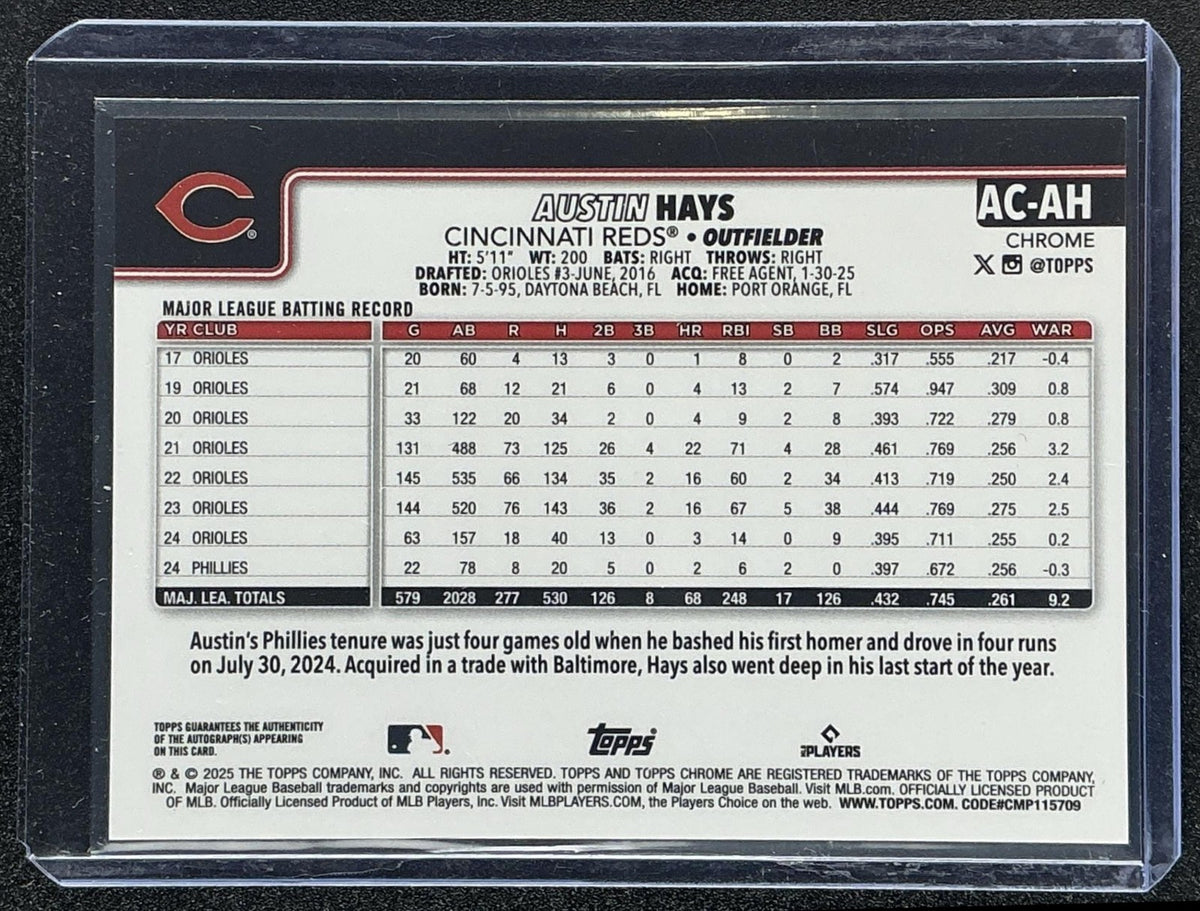 AUSTIN HAYS 2025 TOPPS CHROME UPDATE #AC-AH AUTO REDS