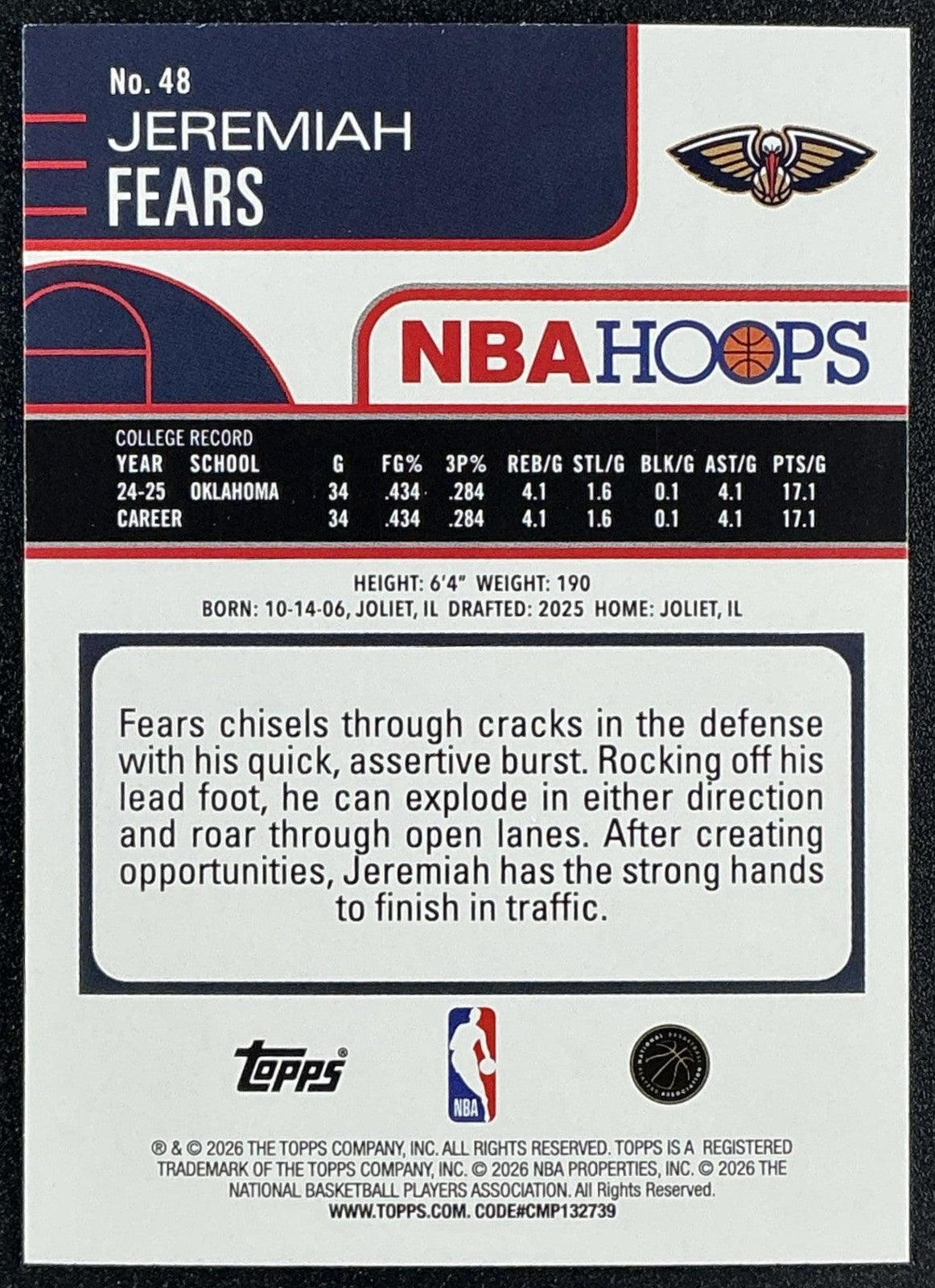 JEREMIAH FEARS 2025-26 TOPPS HOOPS #48 RAINBOW FOIL RC PELICANS