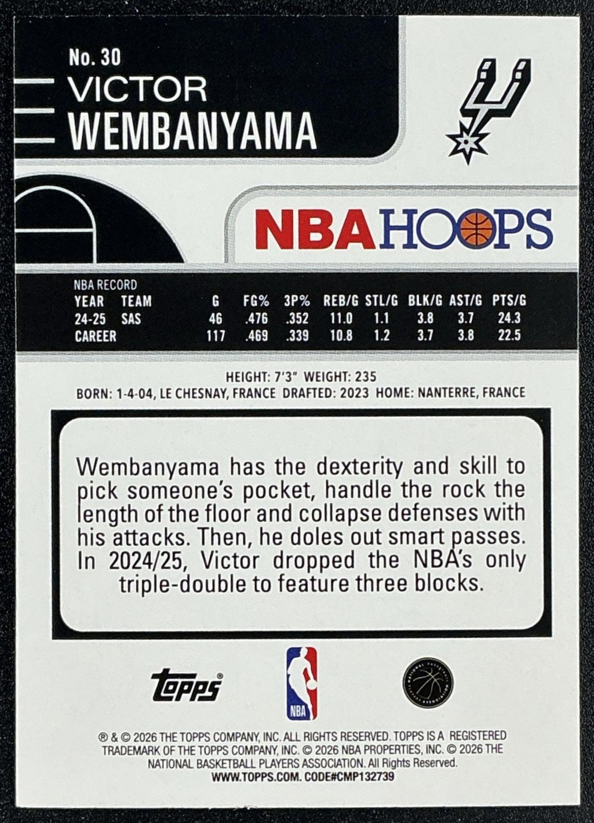 VICTOR WEMBANYAMA 2025-26 TOPPS HOOPS #30 RAINBOW FOIL SPURS