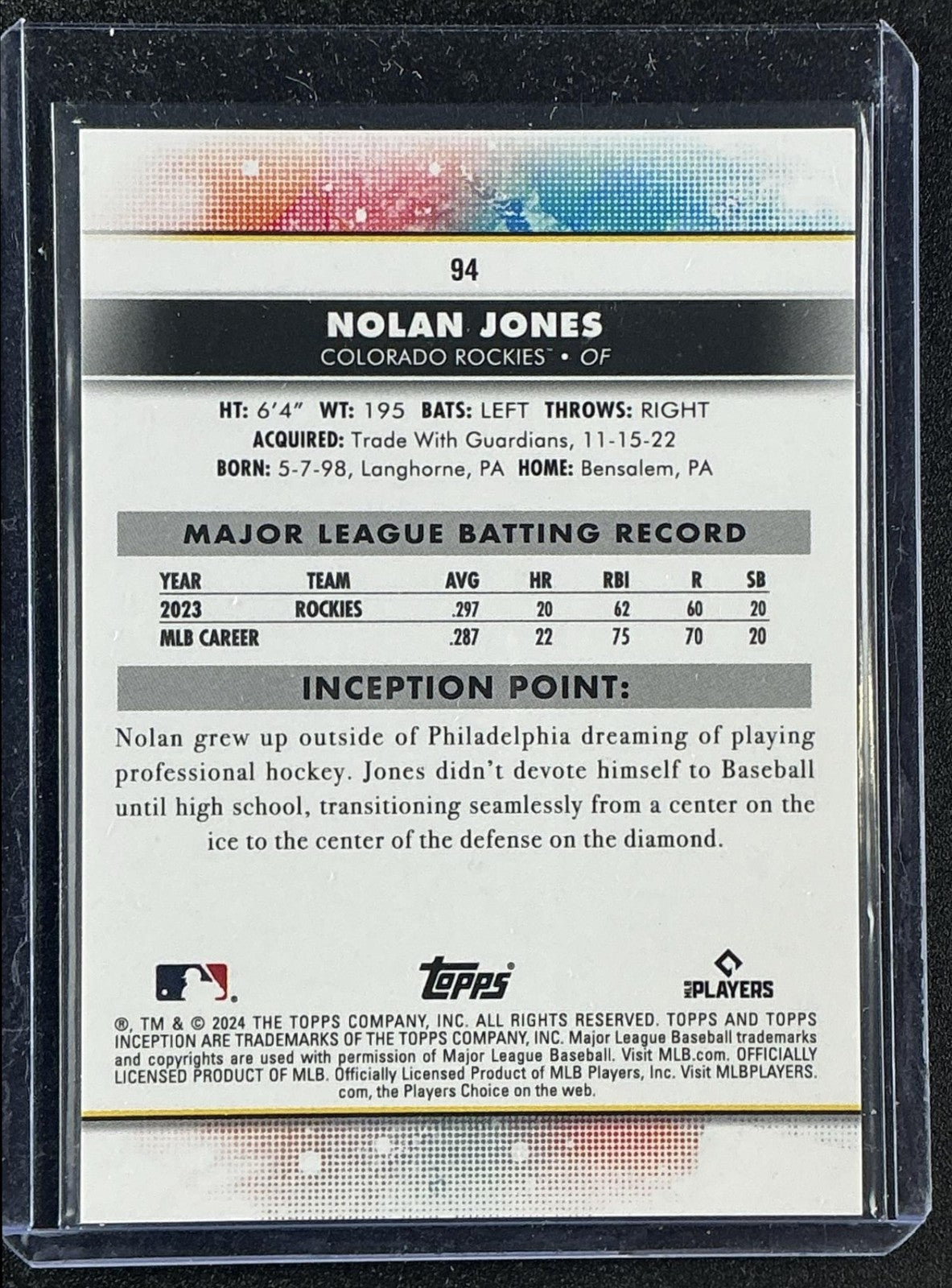 NOLAN JONES 2024 TOPPS INCEPTION #94 ROCKIES