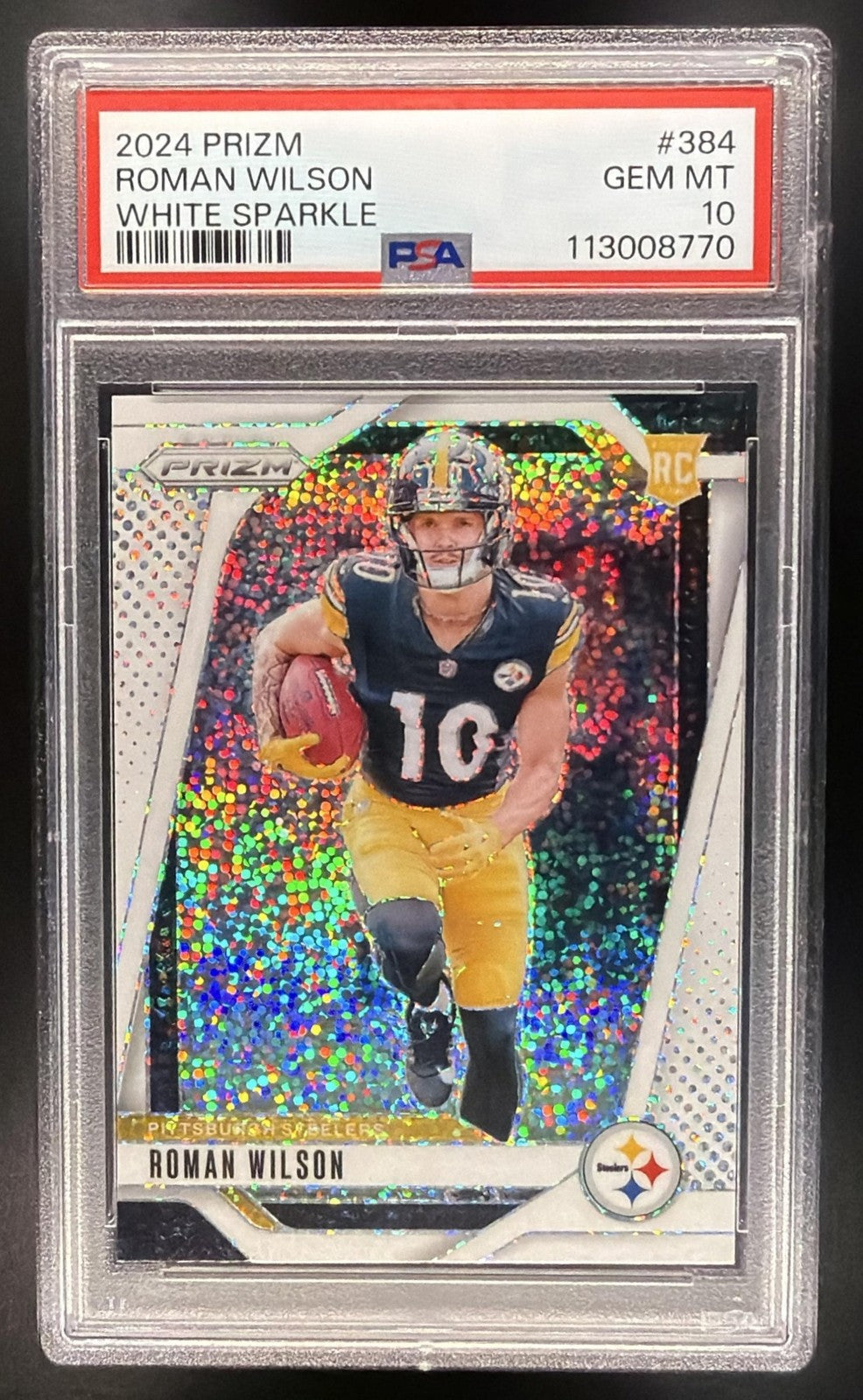 ROMAN WILSON 2024 PANINI PRIZM #384 WHITE SPARKLE SSP RC STEELERS PSA 10