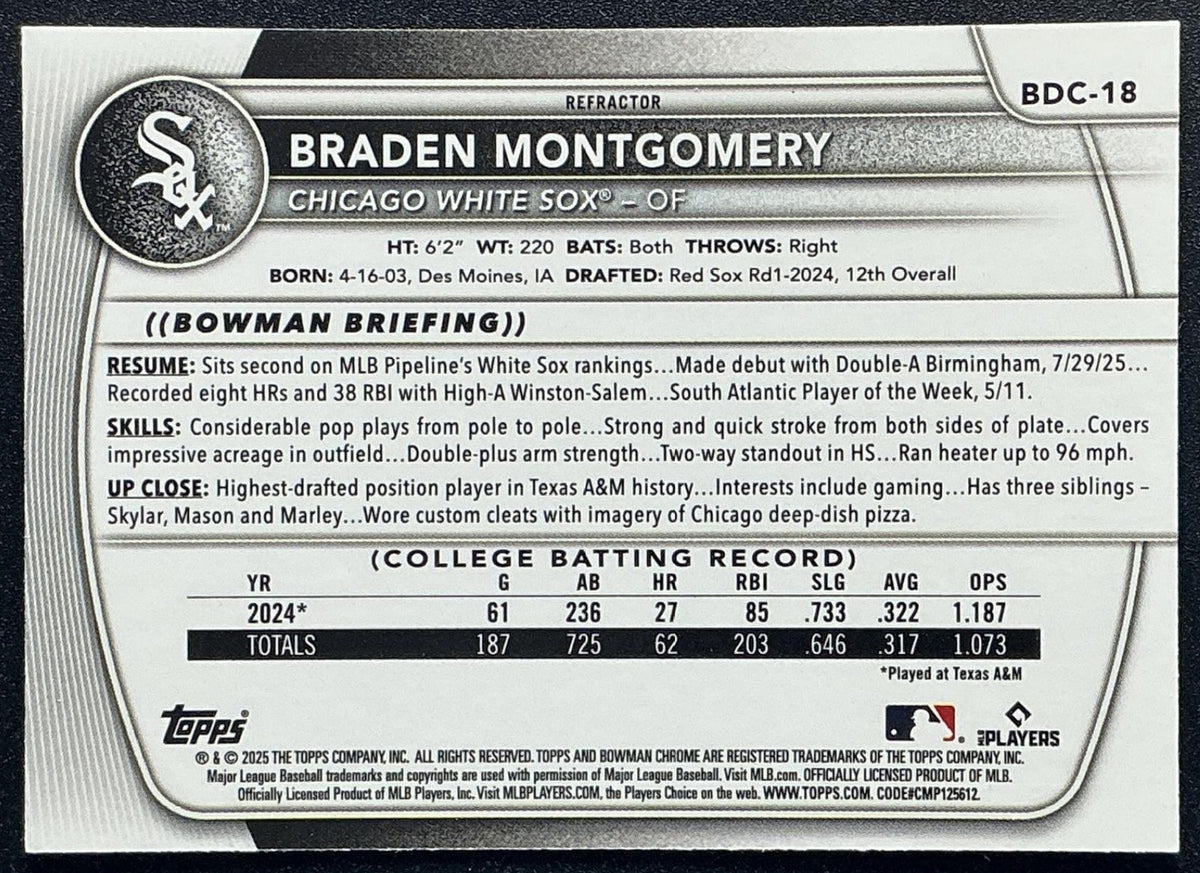 BRADEN MONTGOMERY 2025 BOWMAN DRAFT #BDC-18 CHROME REFRACTOR WHITE SOX