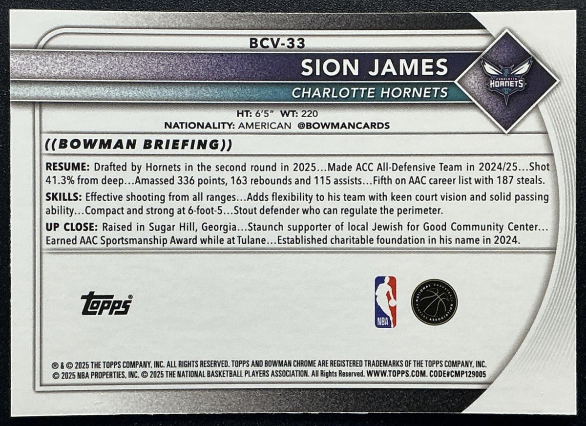 SION JAMES 2025-26 BOWMAN #BCV-33 CHROME MOJO REFRACTOR RC HORNETS