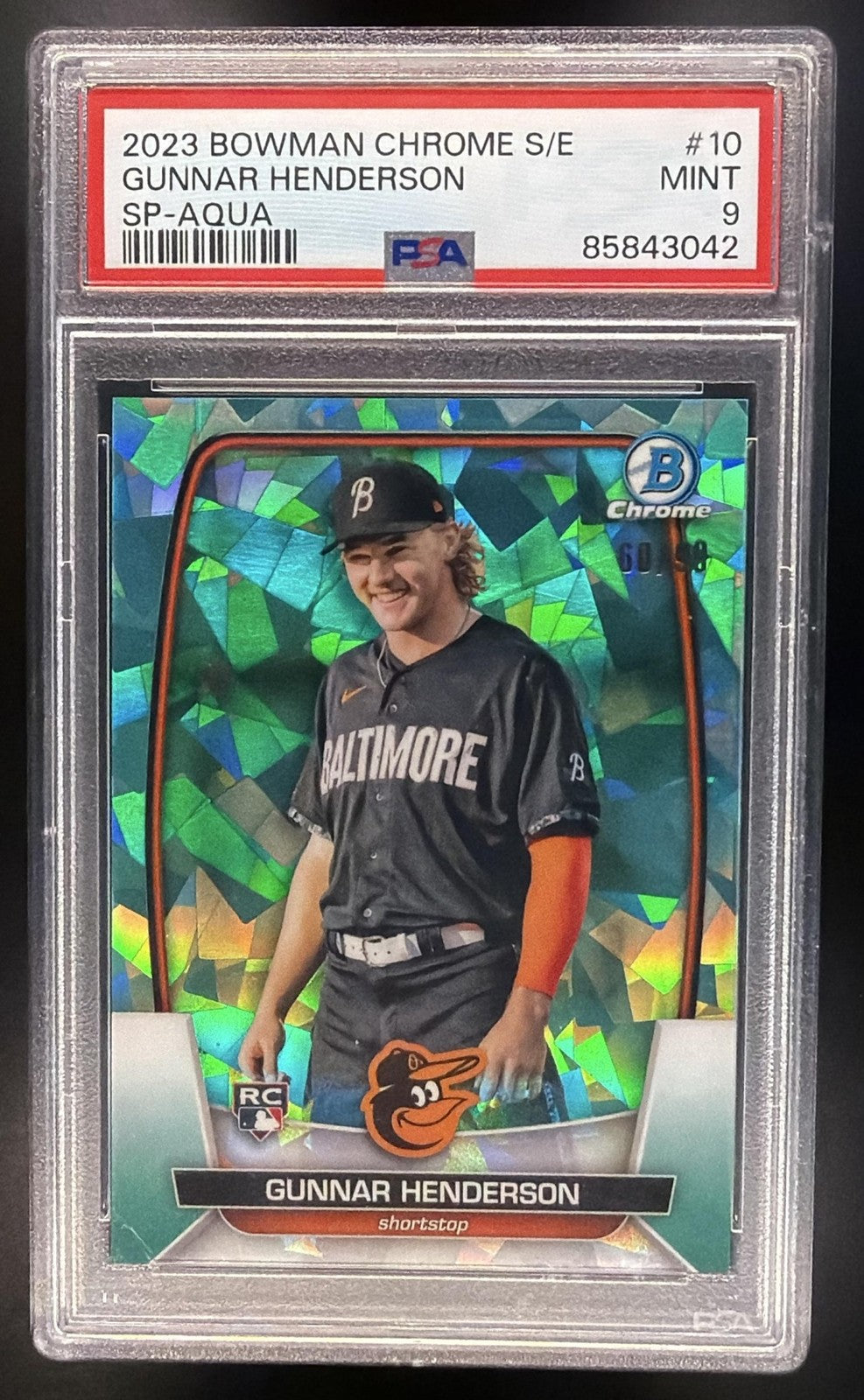 GUNNAR HENDERSON 2023 BOWMAN CHROME SAPPHIRE #10 SP AQUA /99 RC ORIOLES PSA 9