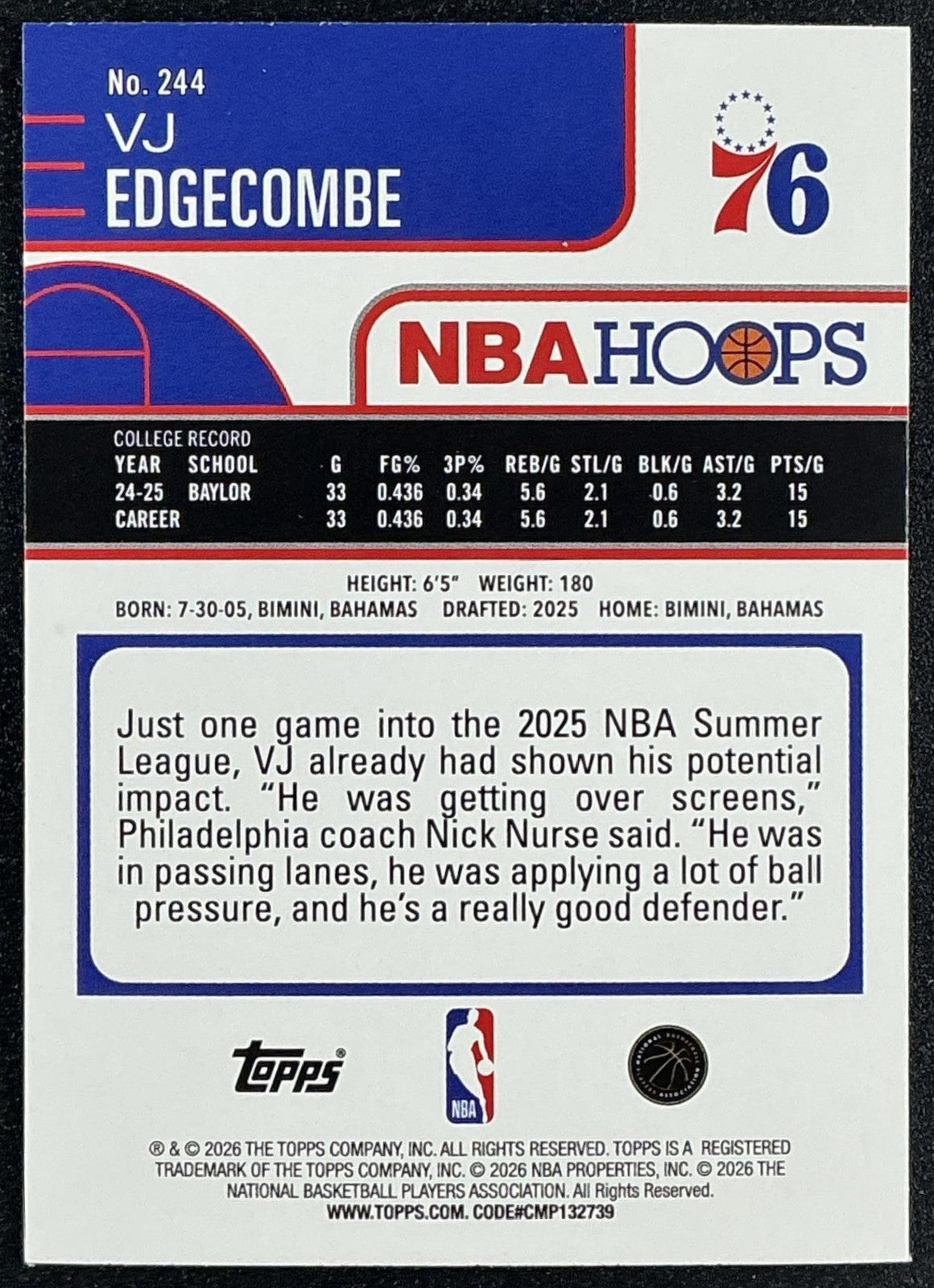 VJ EDGECOMBE 2025-26 TOPPS HOOPS #244 RC 76ERS