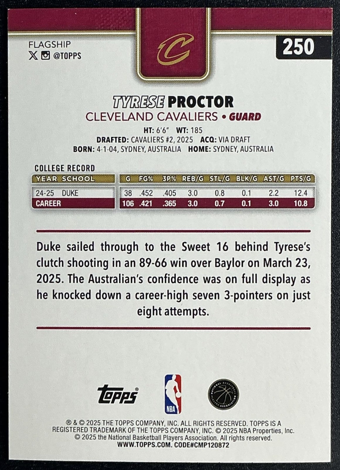 TYRESE PROCTOR 2025-26 TOPPS #250 SANDGLITTER CAVALIERS