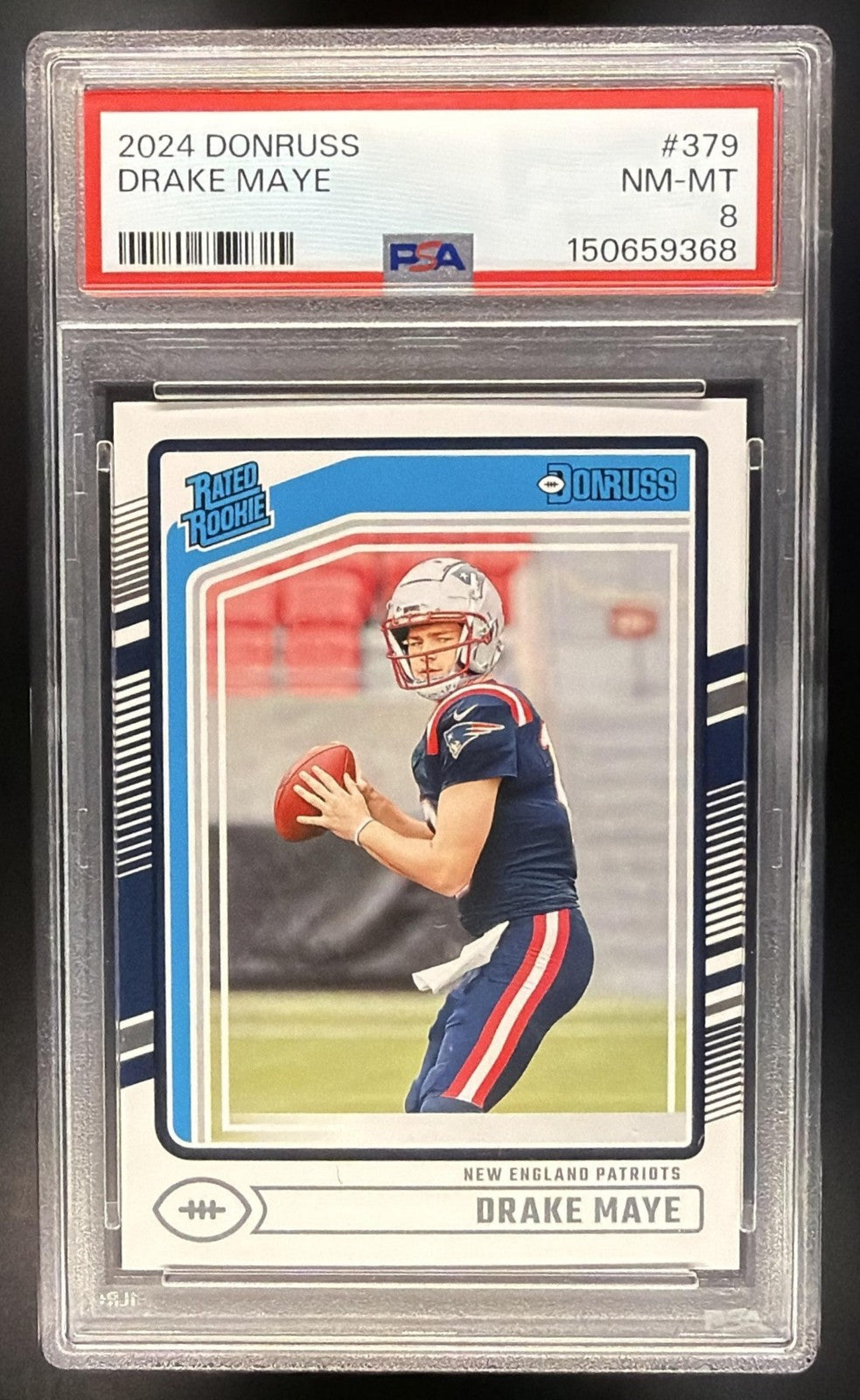 DRAKE MAYE 2024 PANINI DONRUSS #379 RC RATED ROOKIE PATRIOTS PSA 8